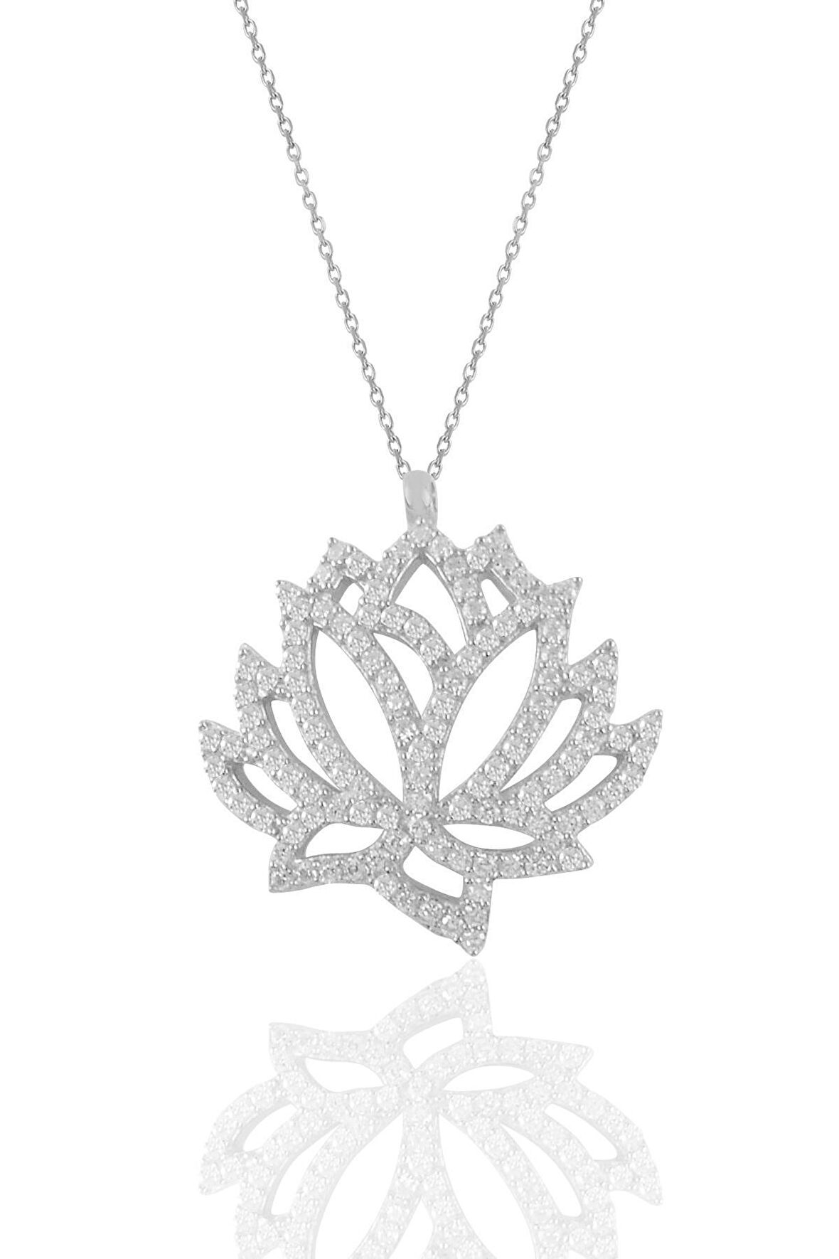 Gümüş rodyumlu  zirkon taşlı lotus çiçeği kolye