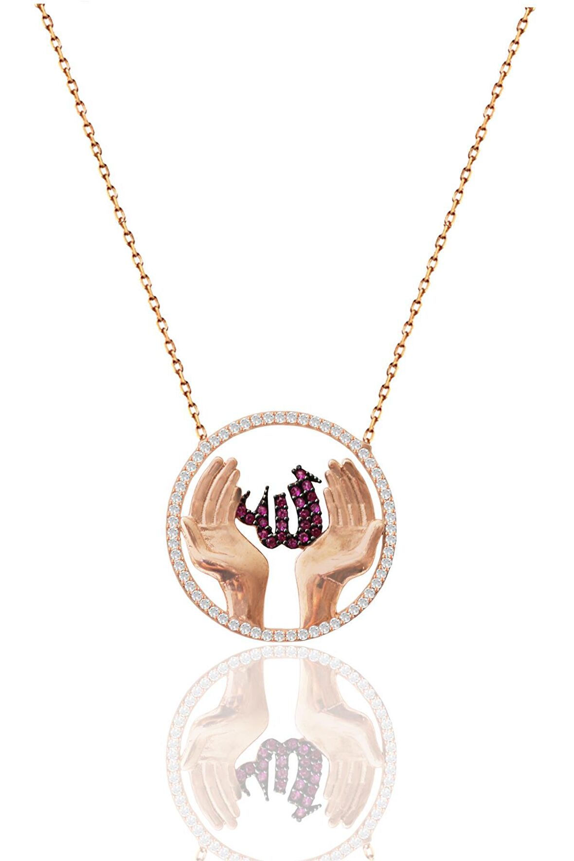 Gümüş rose fuşya taşlı ALLAH'a duacı eller kolye