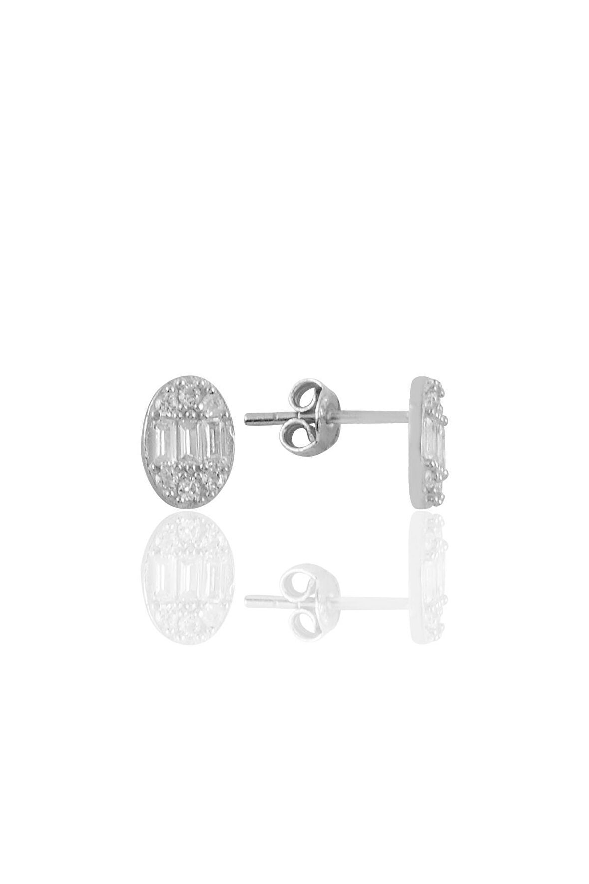 Gümüş rodyumlu zirkon baget taşlı oval küpe 