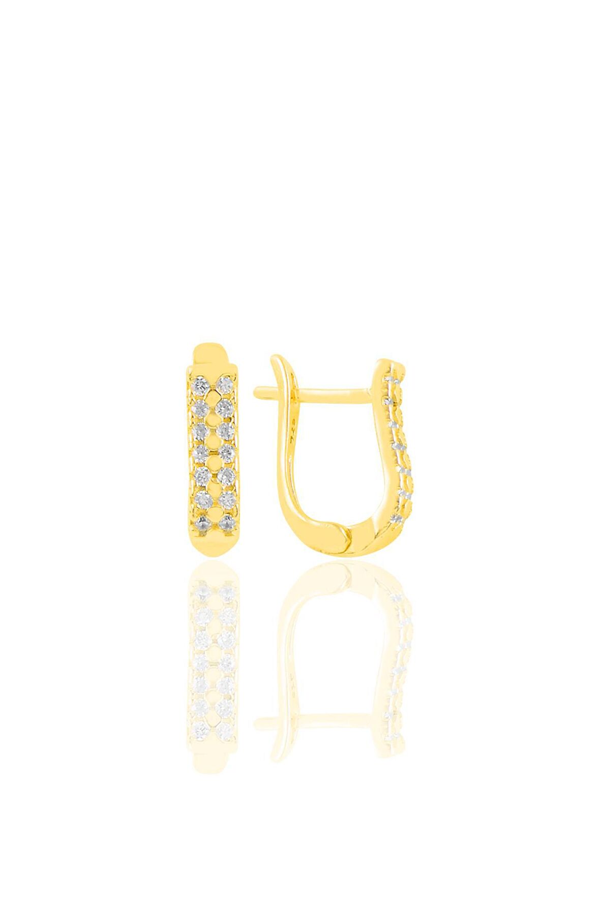 Gümüş altın yaldızlı zirkon taşlı  çift sıra taşlı  j küpe