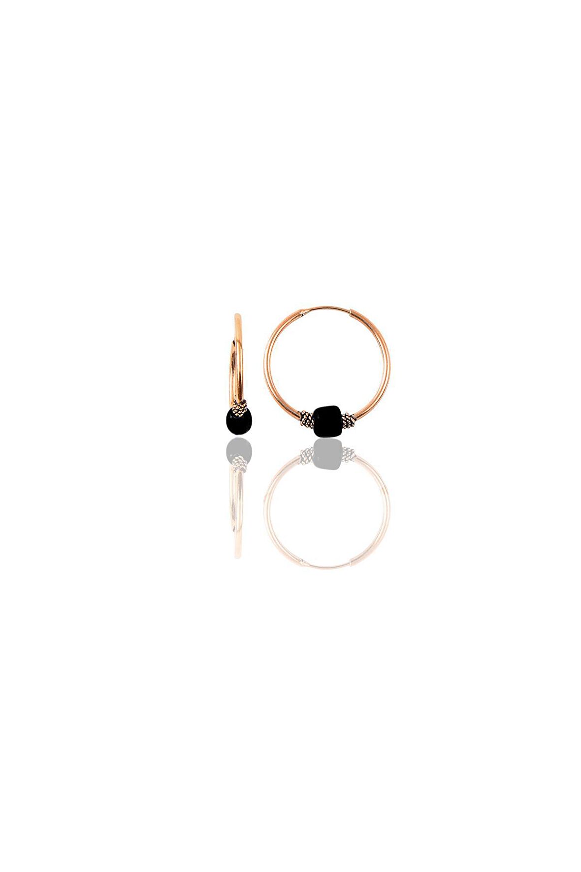 Gümüş rose 14 mm siyah taşlı halka küpe