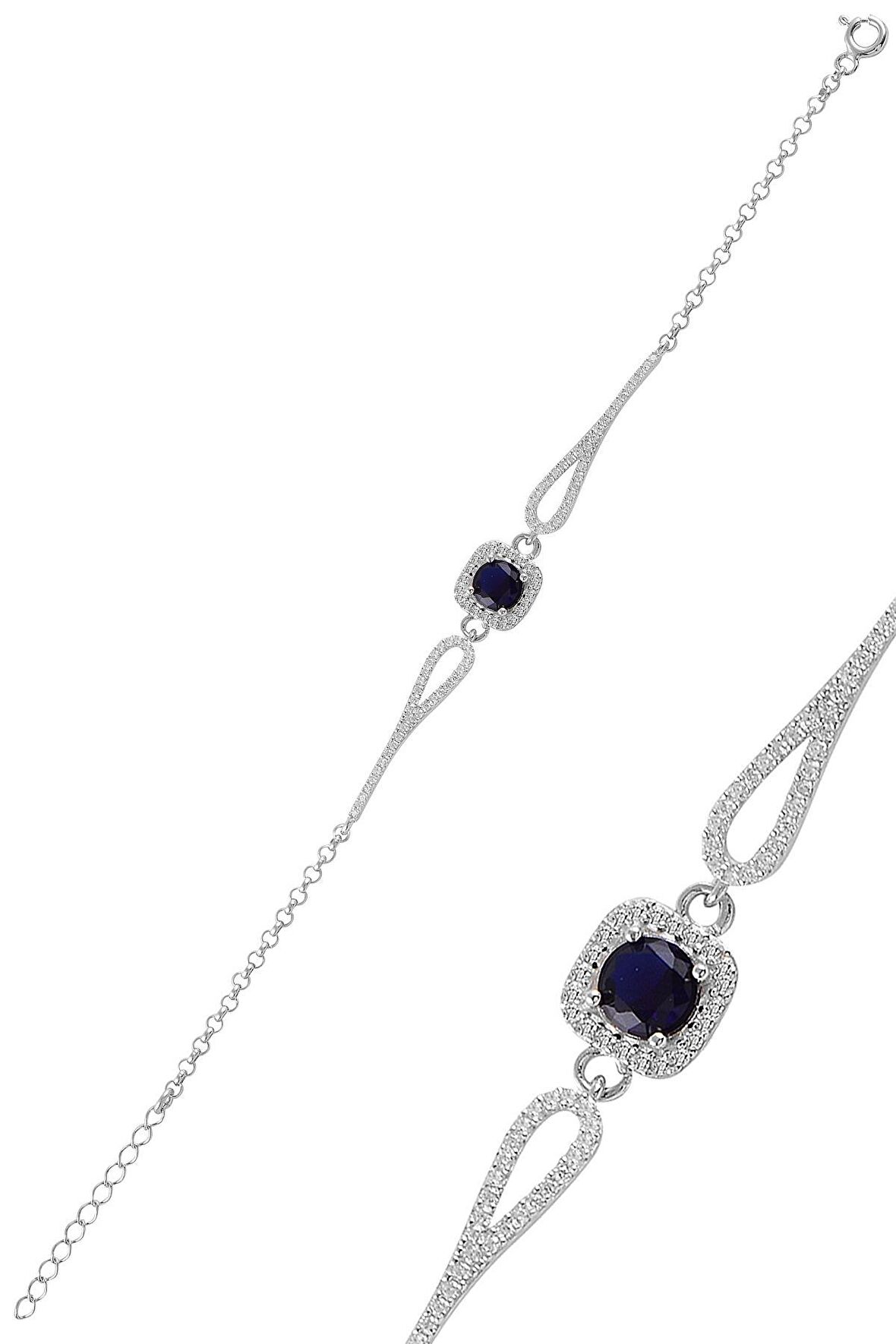 Gümüş rodyumlu  pırlanta modeli safir ve zirkon  taşlı  kare  bileklik 