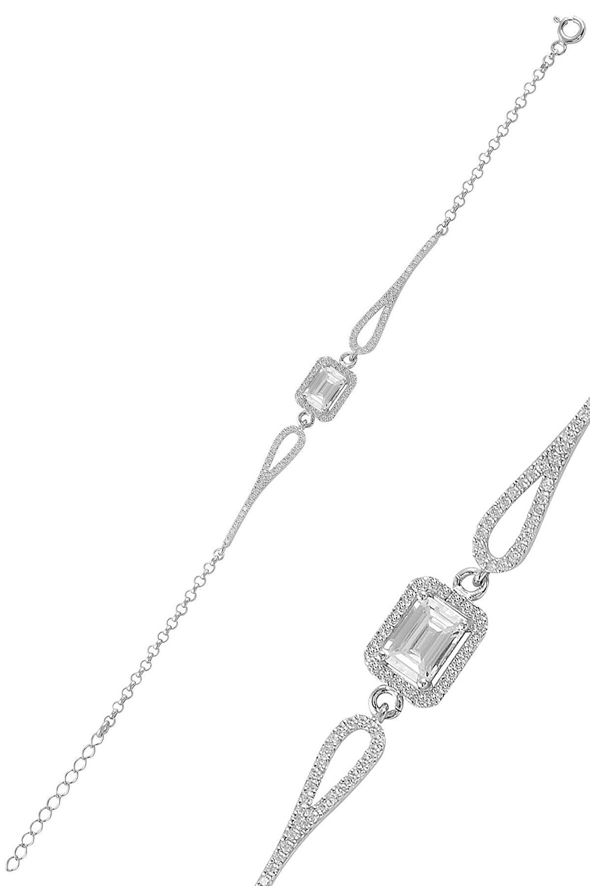 Gümüş rodyumlu pırlanta modeli zirkon taşlı baget  bileklik 