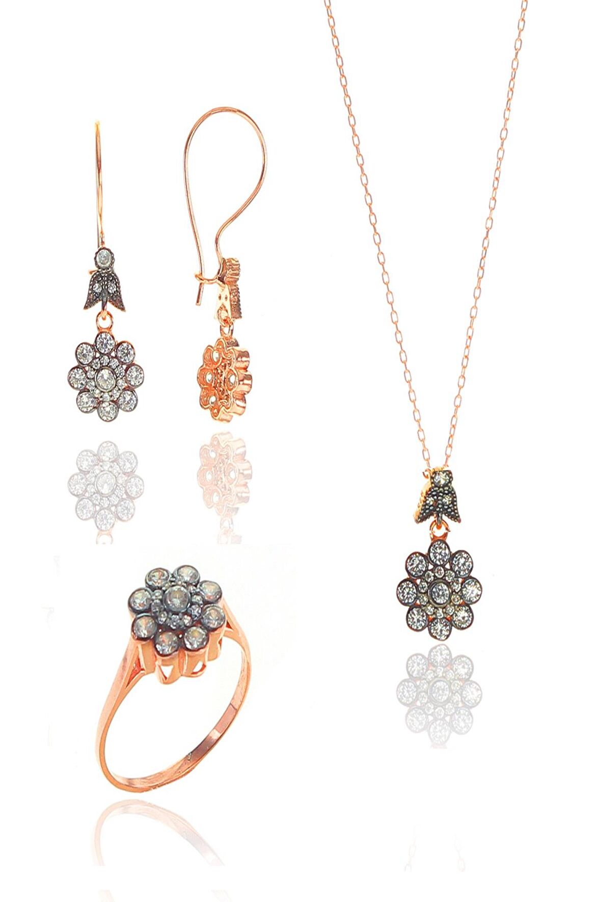 Gümüş rose zirkon taşlı elmas montürlü çiçek modeli set