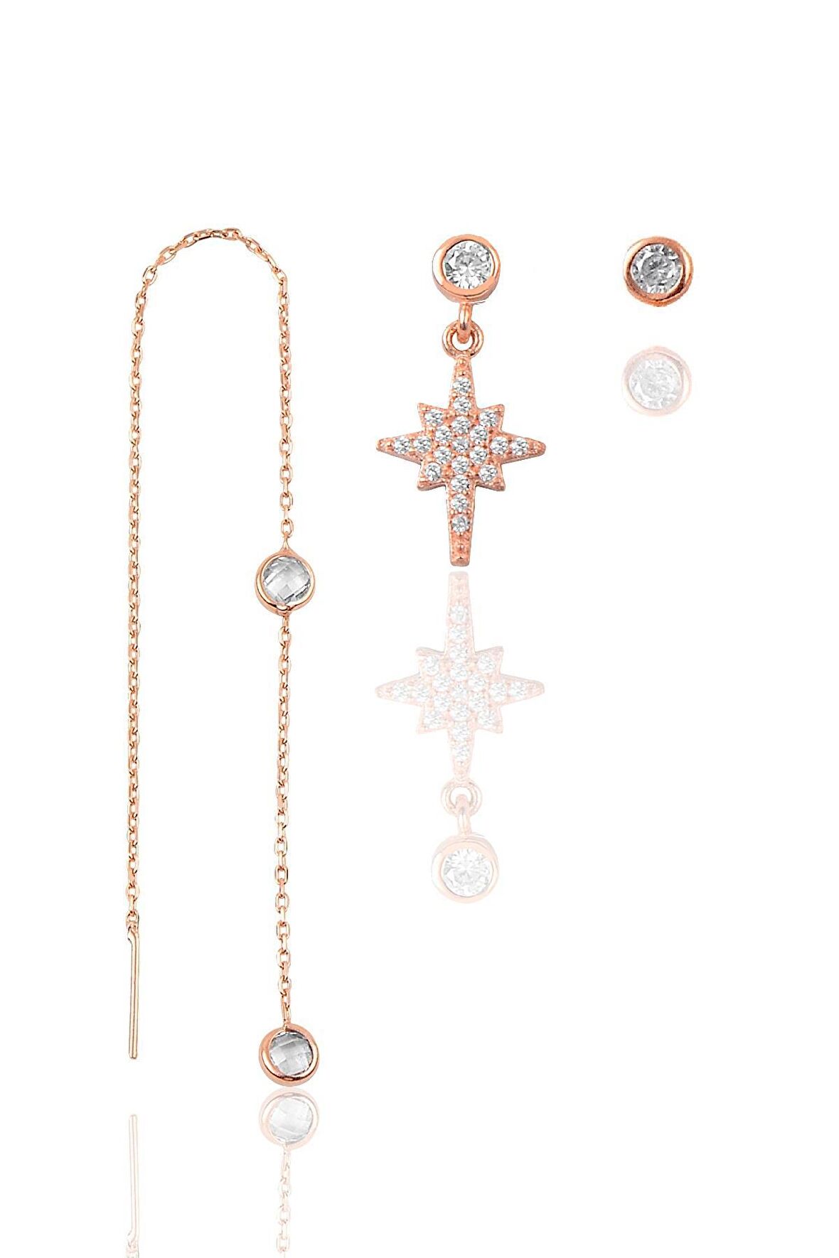 Gümüş rose zirkon taşlı  kutup yıldızı kombin üçlü küpe seti 