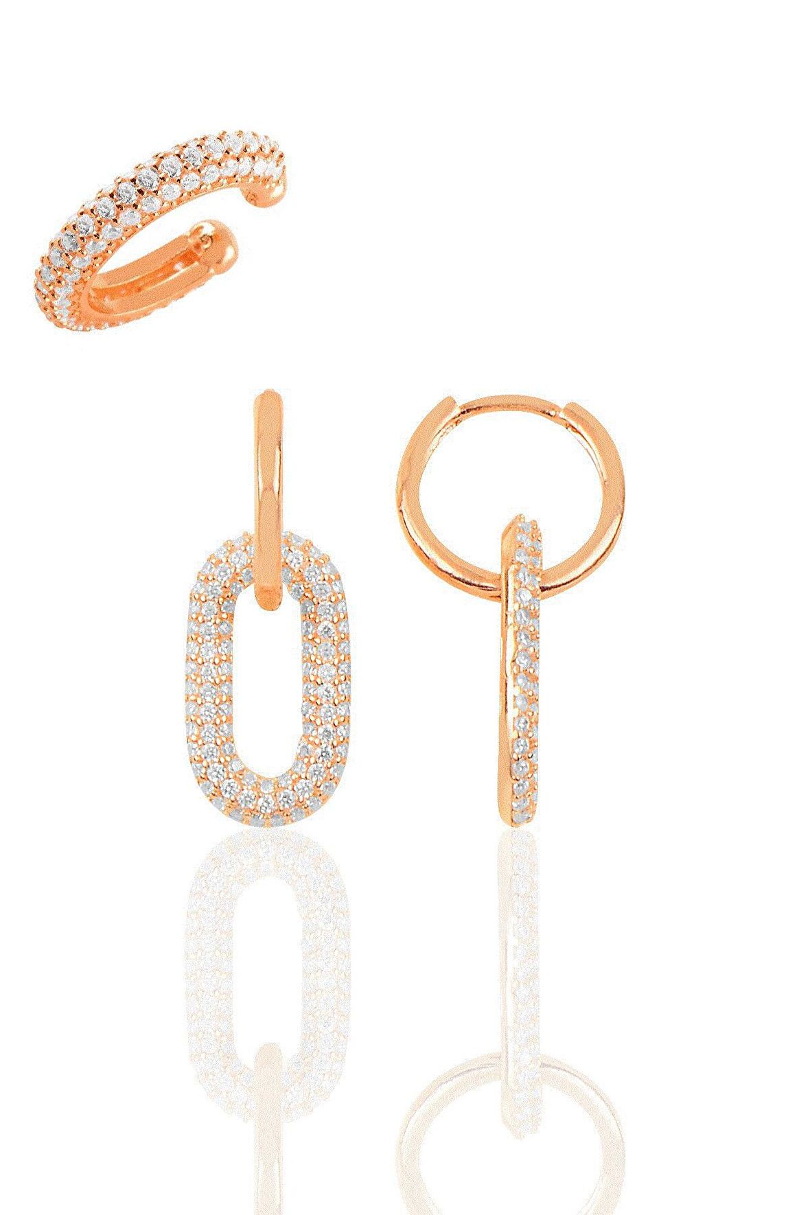 Gümüş rose zirkon taşlı handy kombin küpe