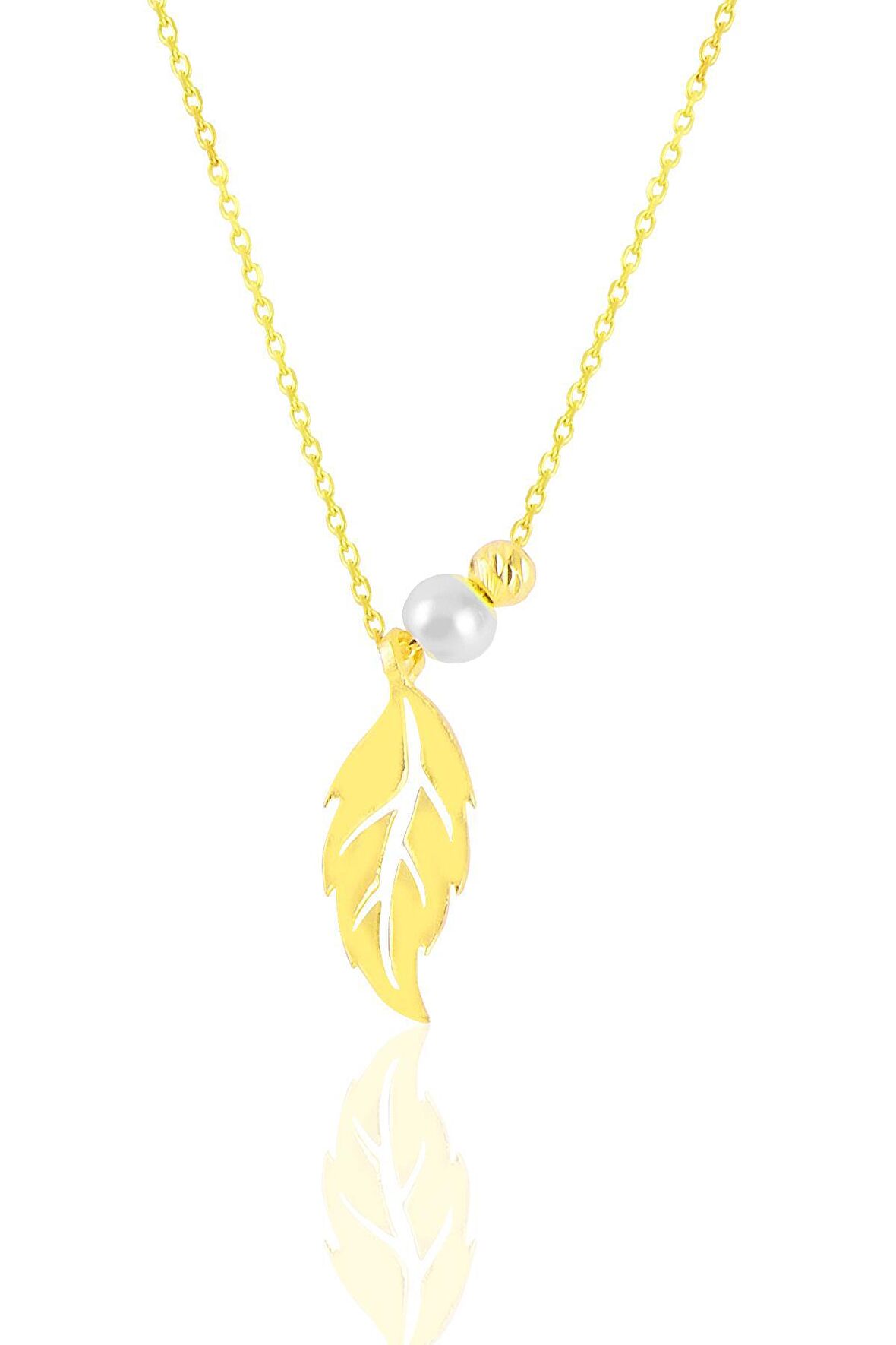 Gümüş altın yaldızlı incili yaprak kolye