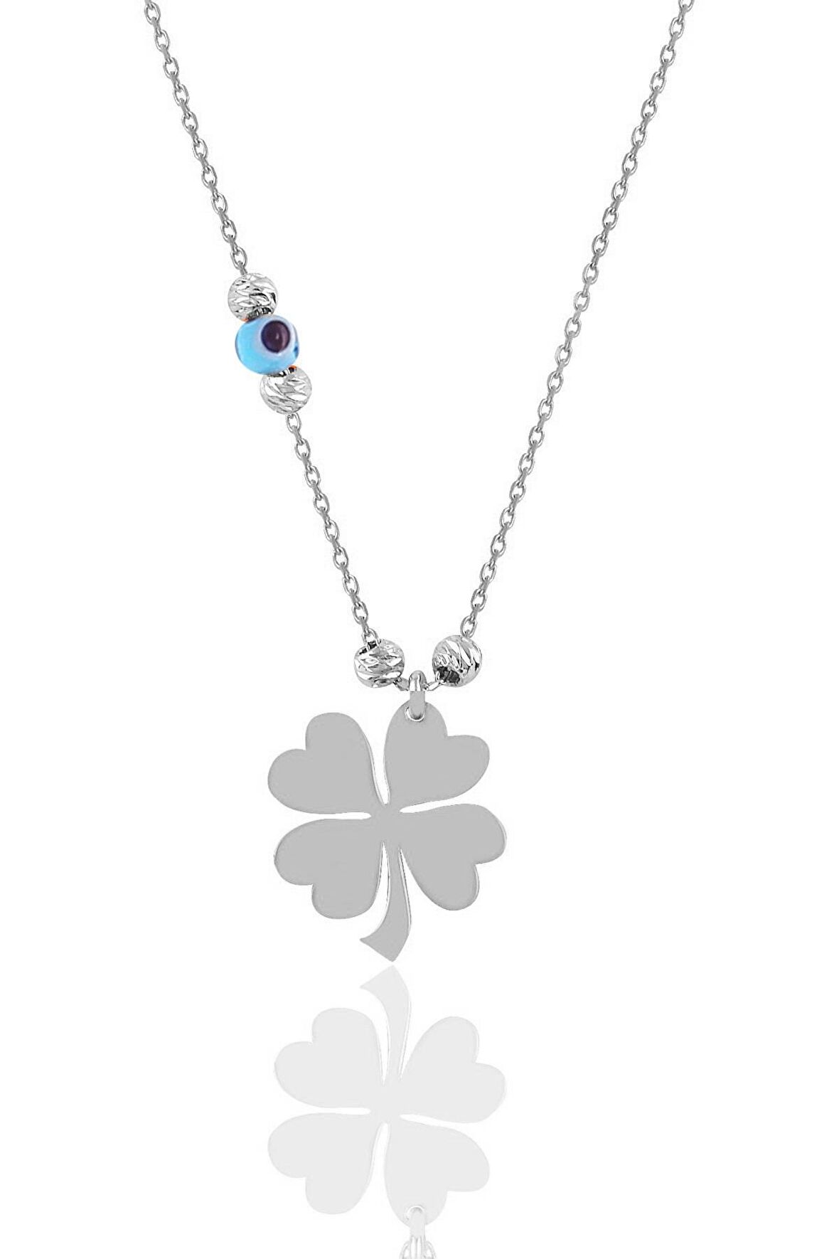 Gümüş rodyumlu, nazarlı, dorica toplu yonca kolye