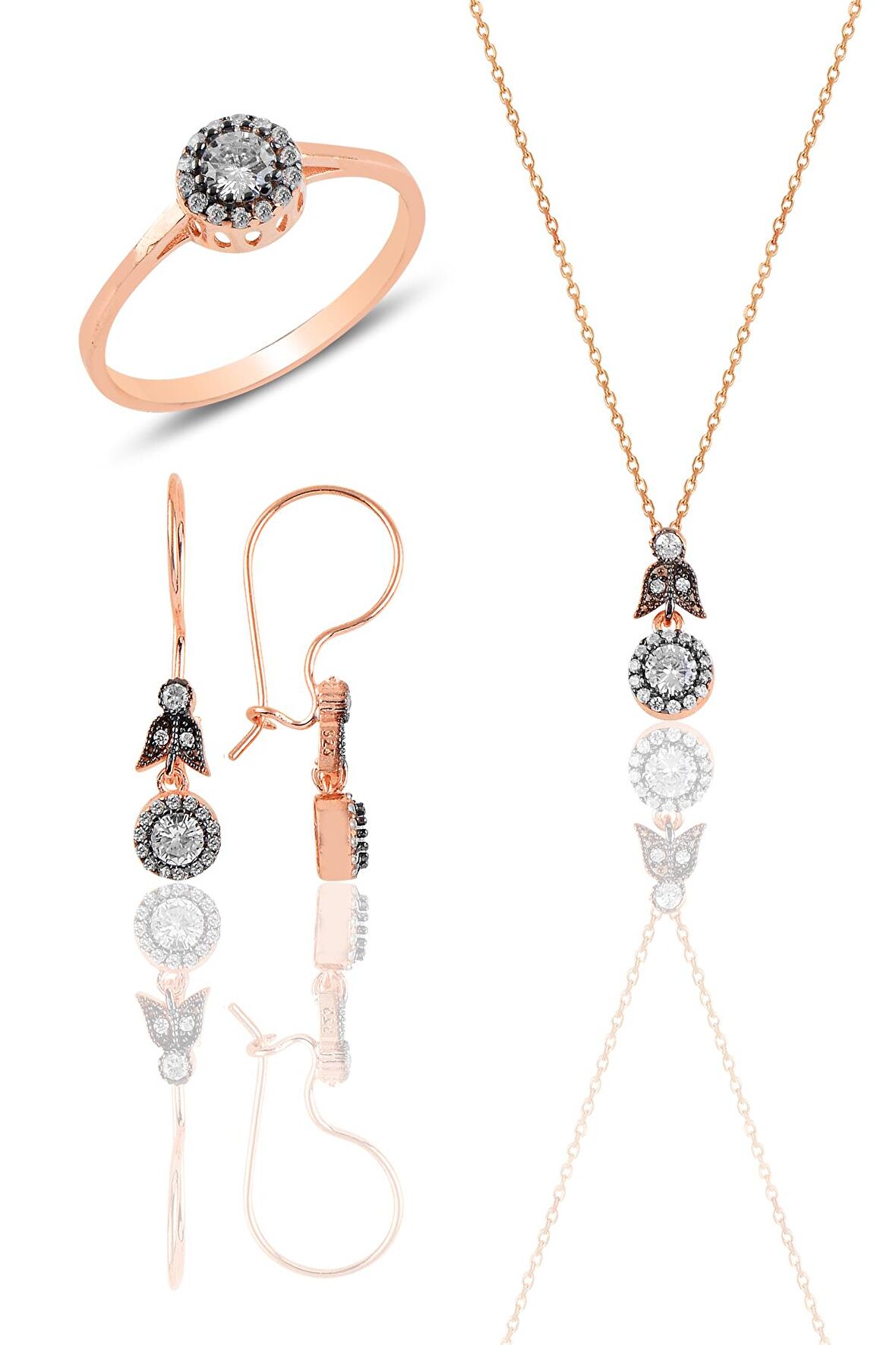 Gümüş rose elmas montürlü yuvarlak üçlü set…