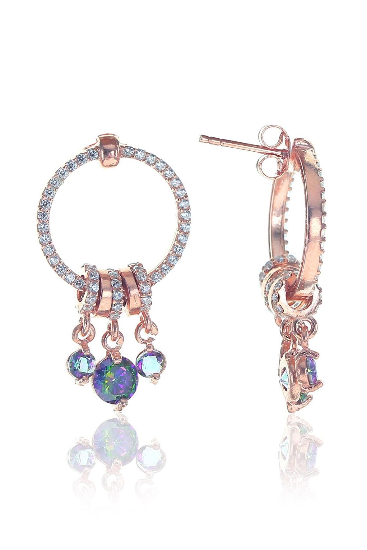 Gümüş rose ametis taşlı sallantılı ring küpe