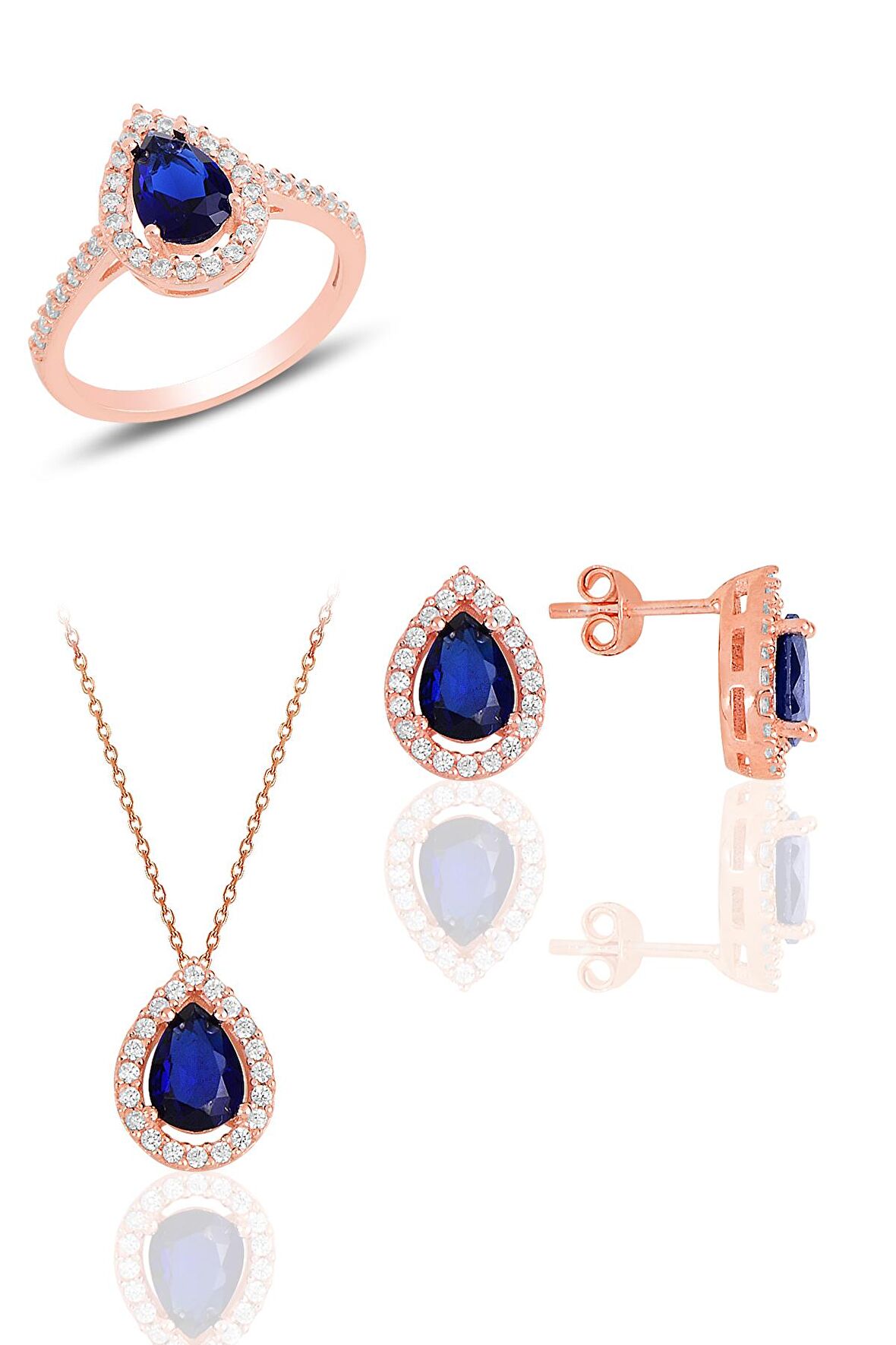 Gümüş rose safir taşlı damla modeli üçlü set
