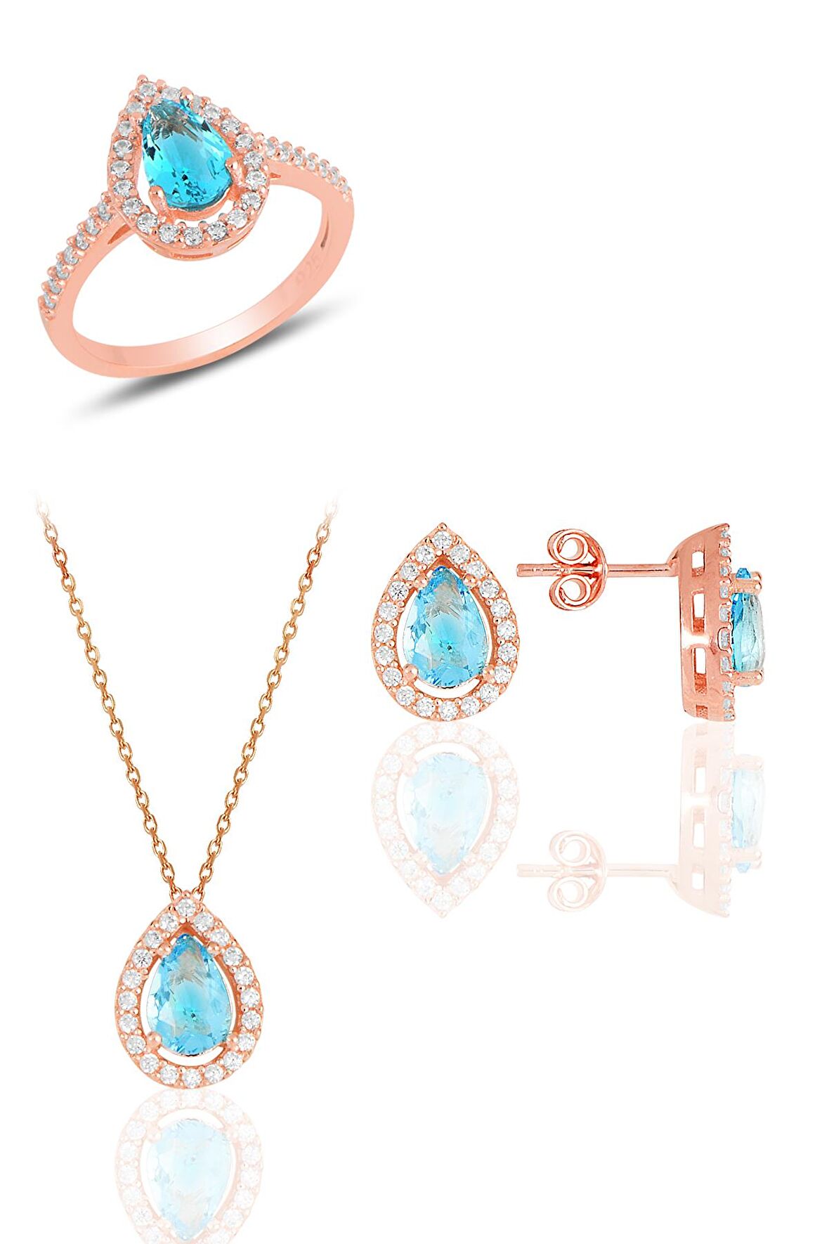 Gümüş rose akuamarin taşlı damla modeli üçlü set