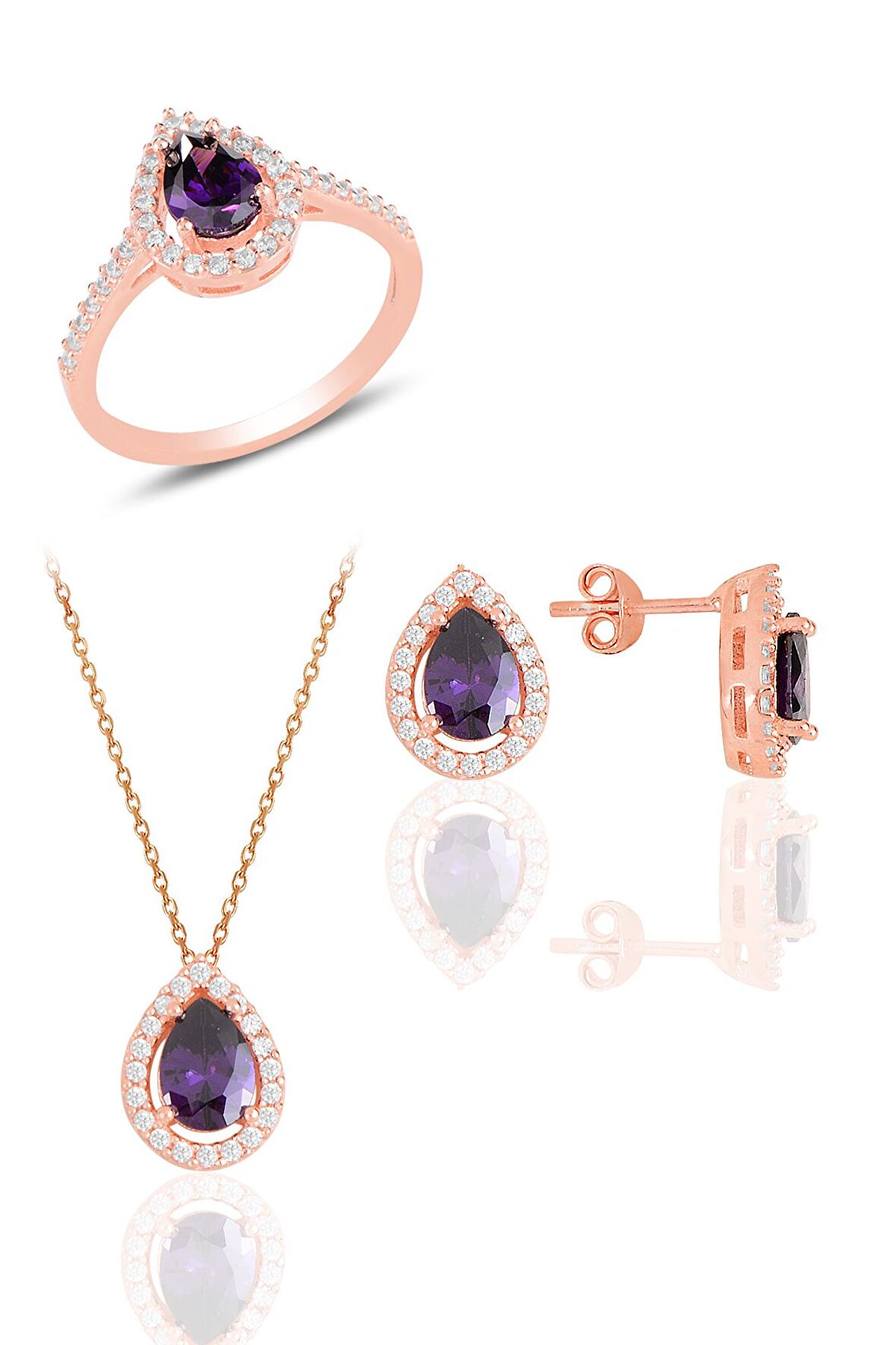 Gümüş rose ametis taşlı damla modeli üçlü set