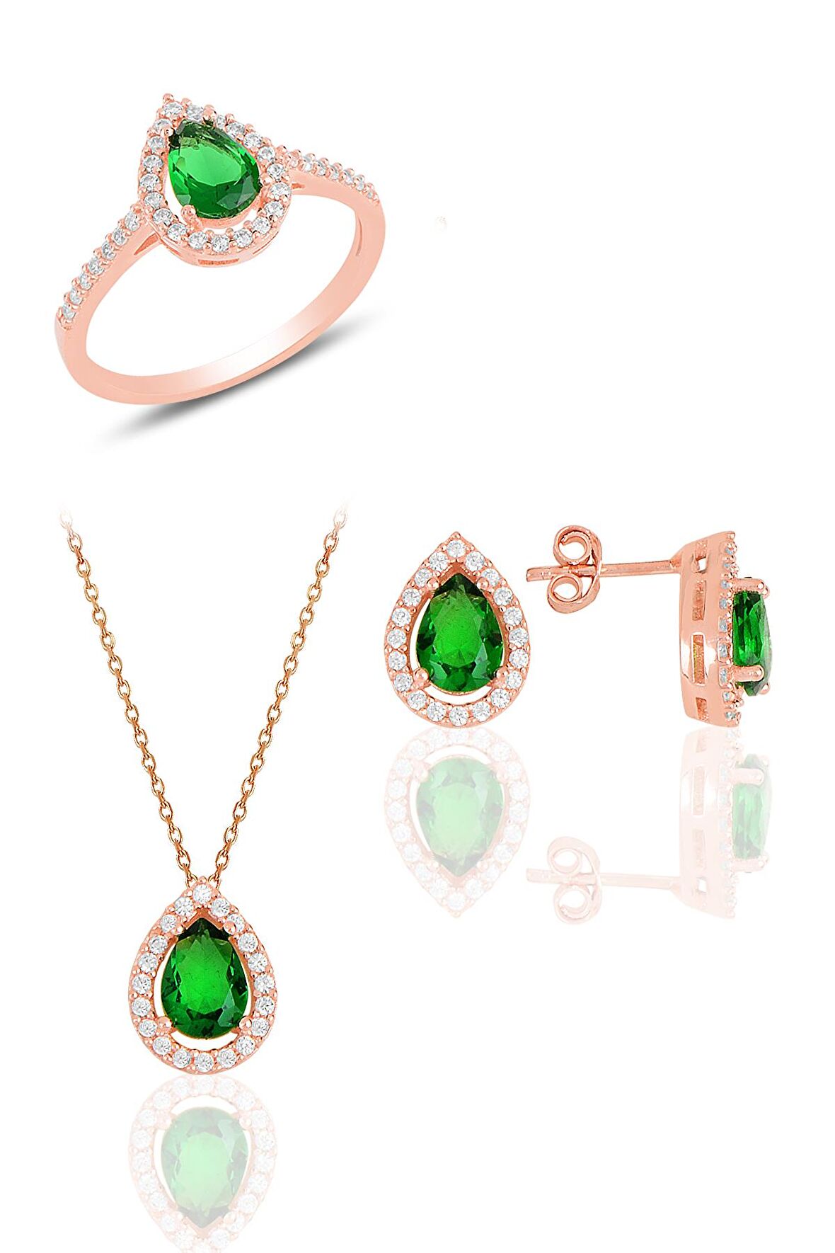 Gümüş rose kök zümrüt taşlı damla modeli üçlü set