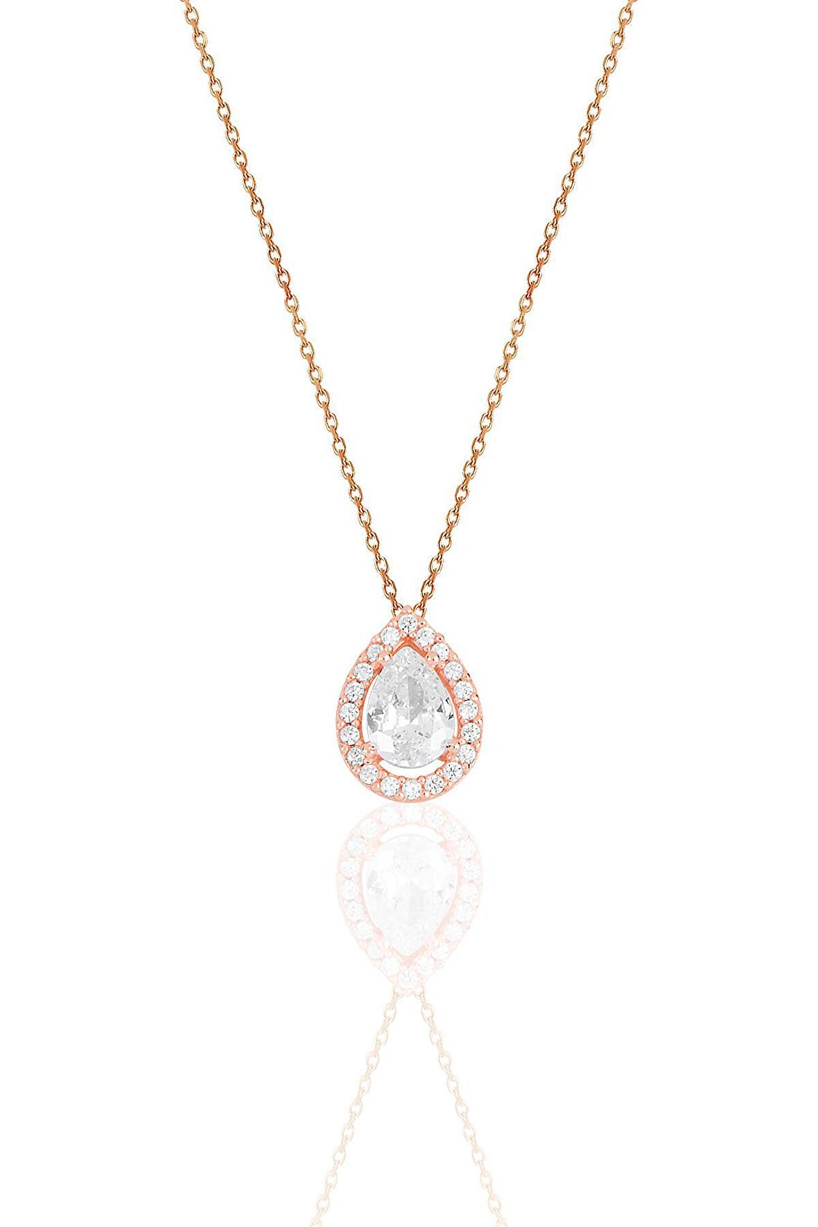 Gümüş rose zirkon taşlı damla modeli kolye