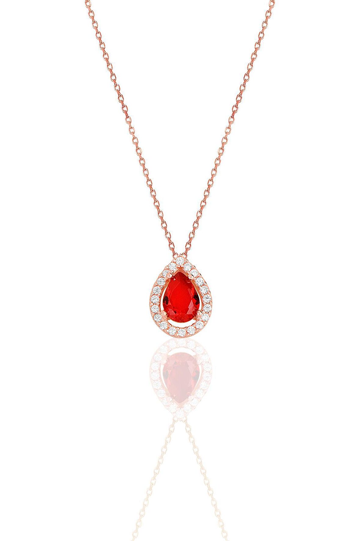 Gümüş rose kırmızı taşlı damla modeli kolye