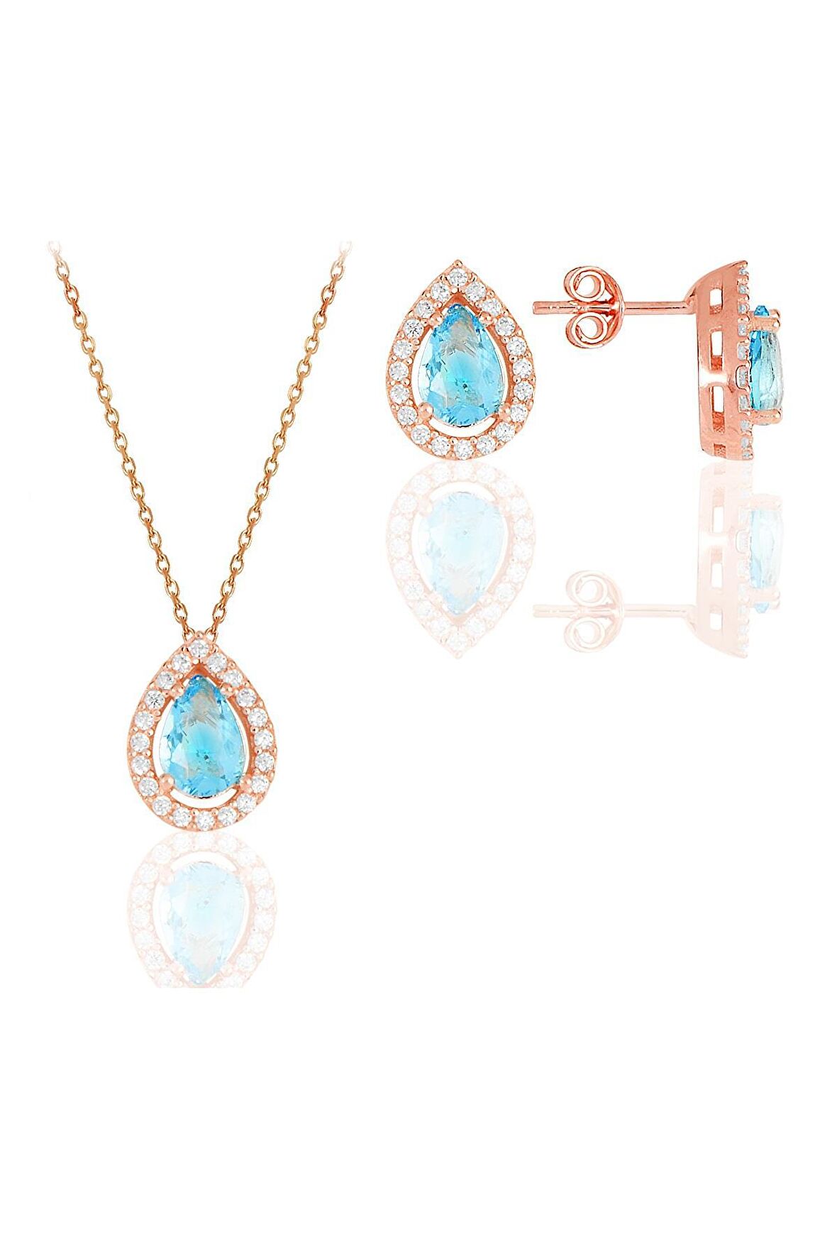 Gümüş rose akuamarin taşlı damla modeli ikili set