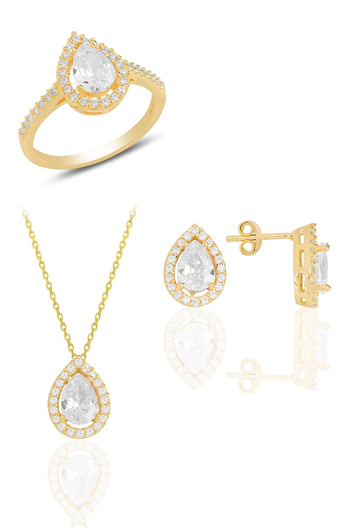 Gümüş altın yaldızlı zirkon taşlı damla modeli üçlü set