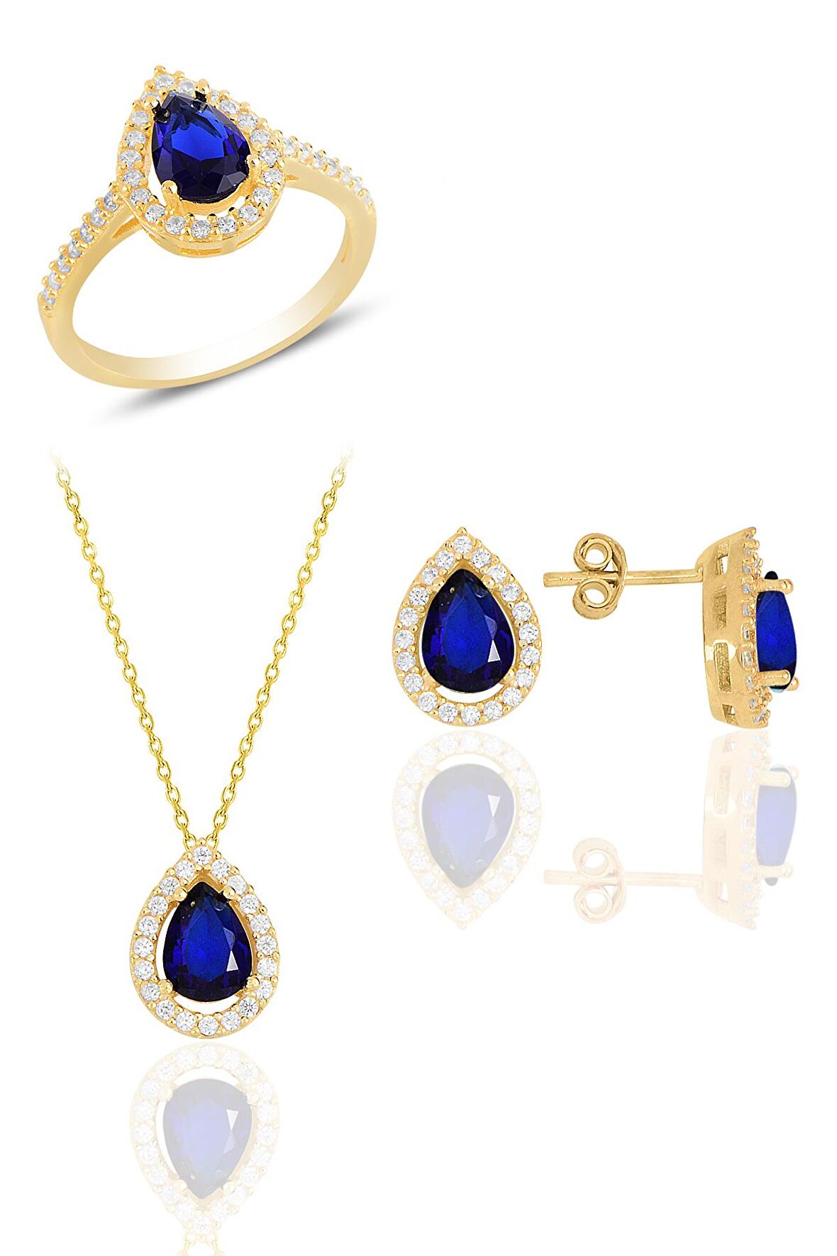 Gümüş altın yaldızlı safir taşlı damla modeli üçlü set