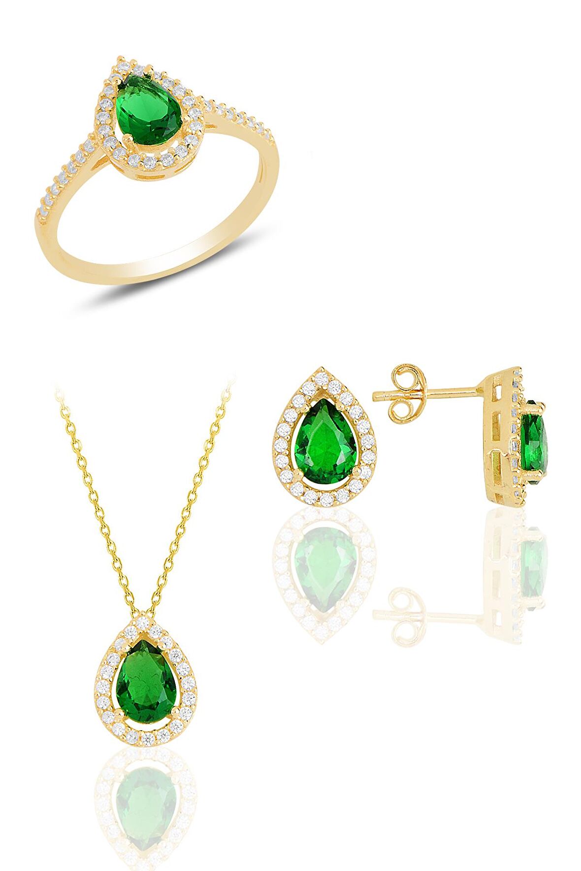 Gümüş altın yaldızlı kök zümrüt taşlı damla modeli üçlü set