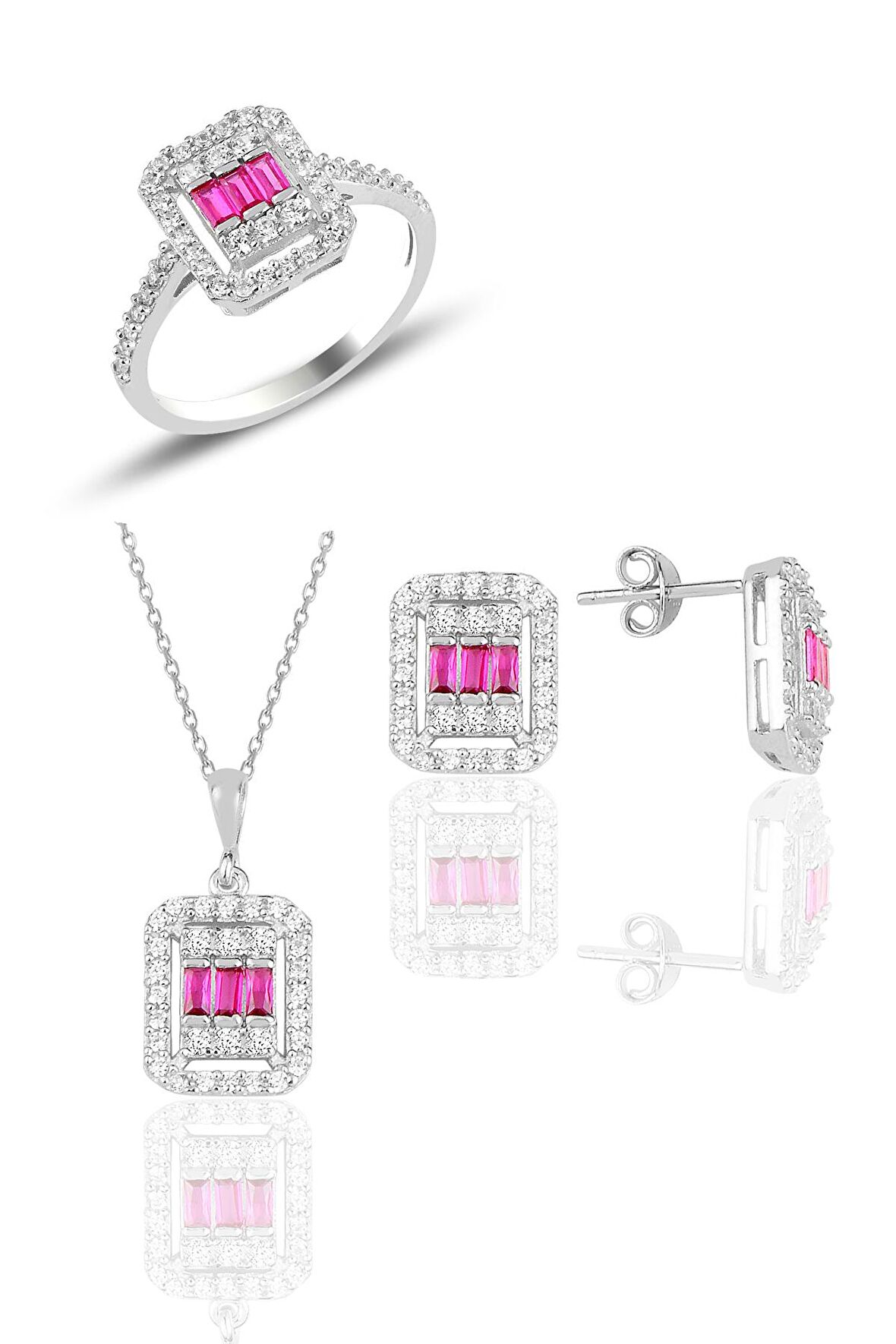 Gümüş beyaz altın rodyumlu baget kesim kök yakut taşlı çizgili üçlü set