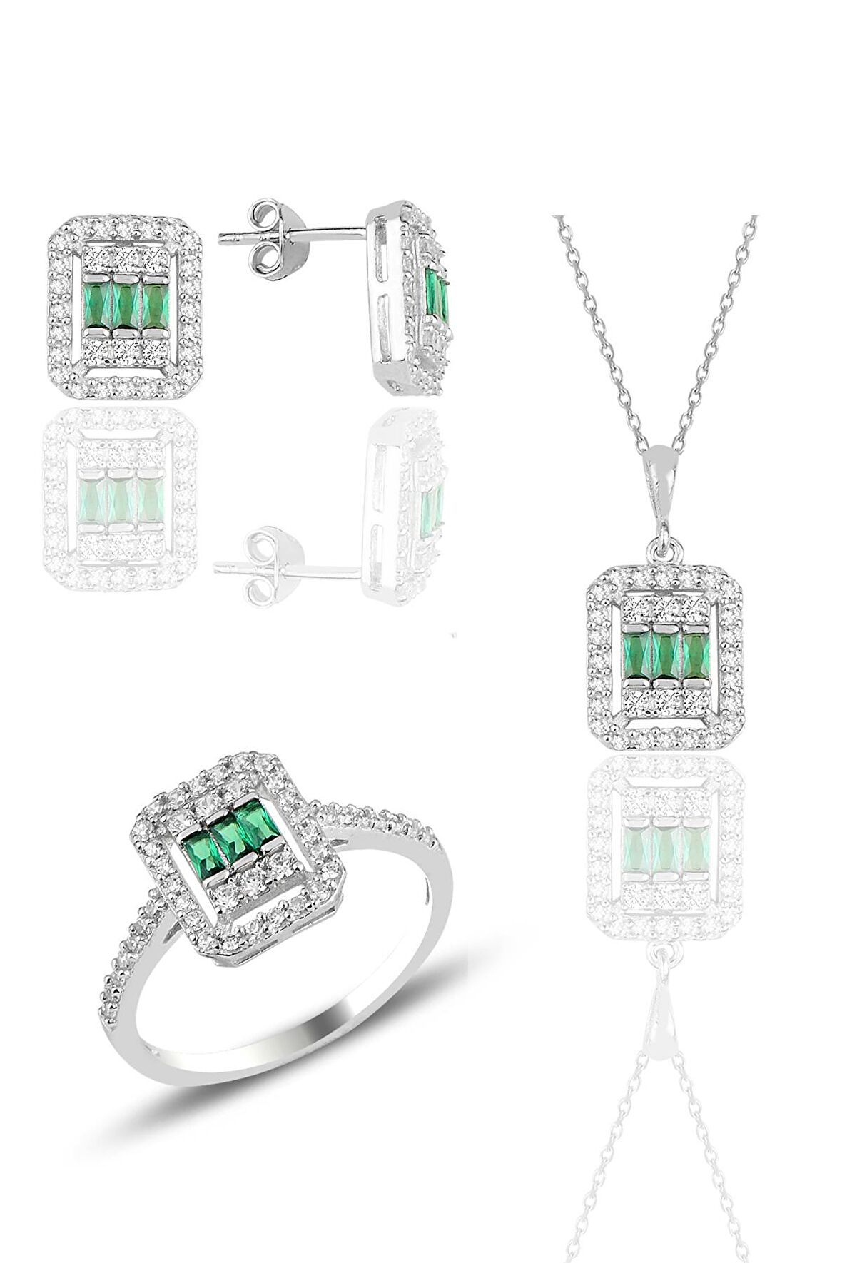 Gümüş beyaz altın rodyumlu baget kesim kök zümrüt taşlı çizgili üçlü set