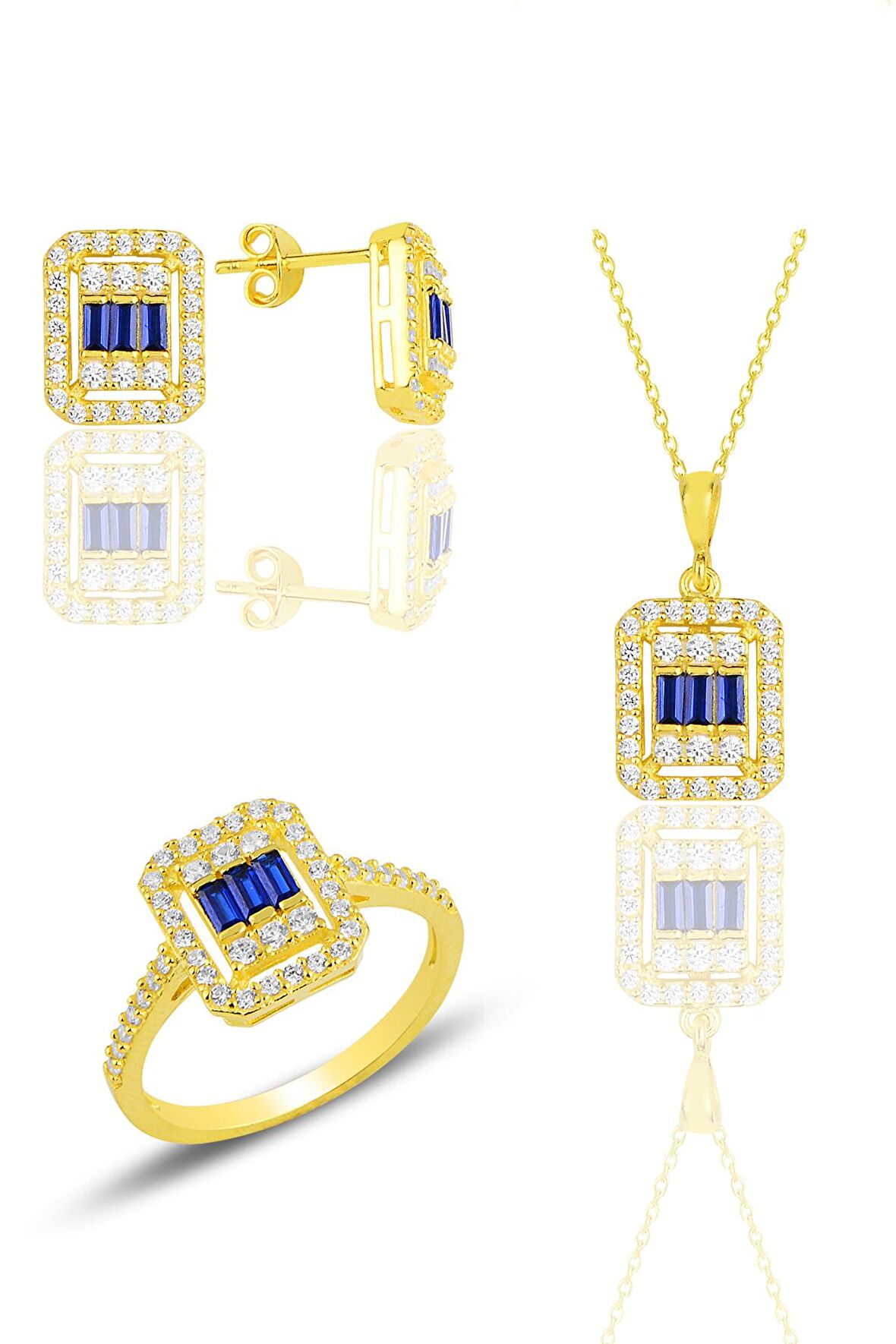 Gümüş  altın yaldızlı baget kesim safir taşlı çizgili üçlü set