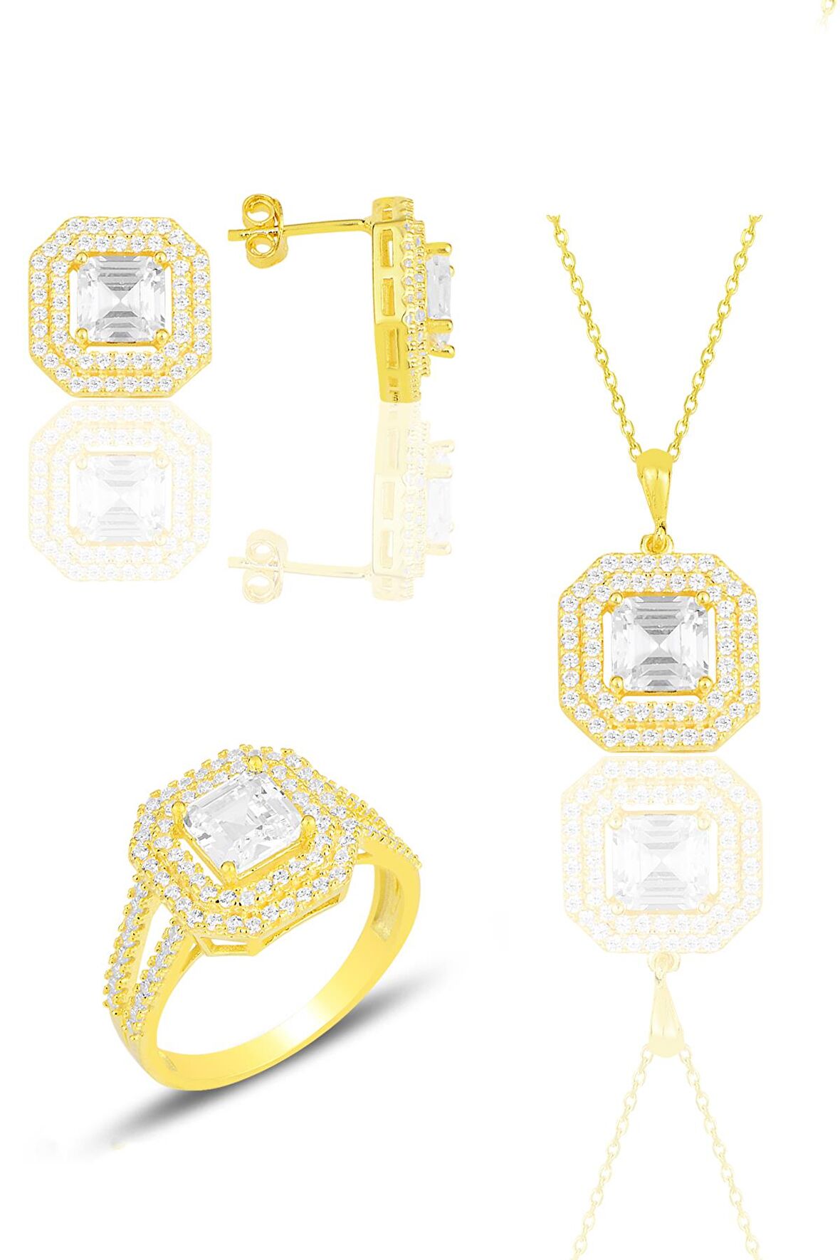 Gümüş altın yaldızlı özel tasarım baget kesim zirkon taşlı üçlü set