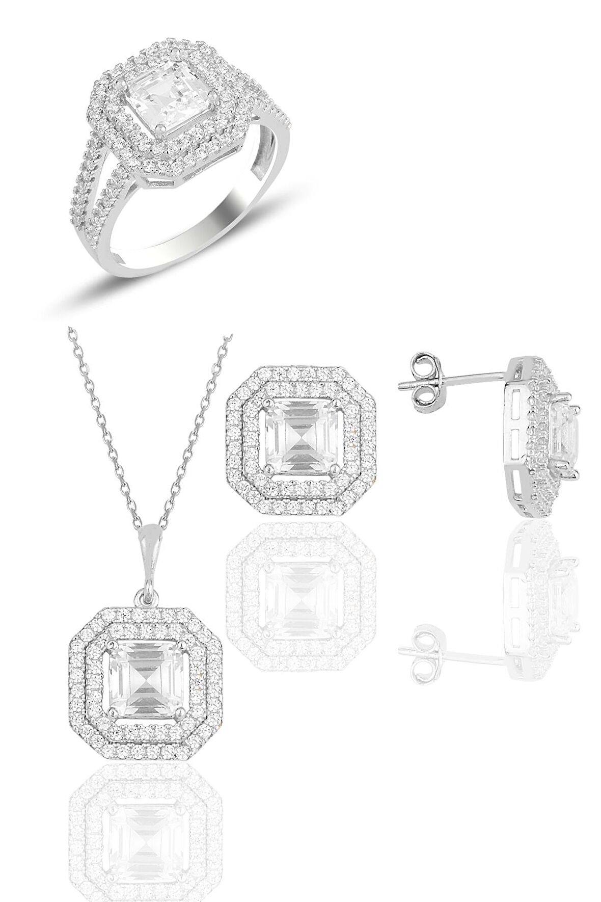 Gümüş rodyumlu özel tasarım baget kesim zirkon taşlı üçlü set