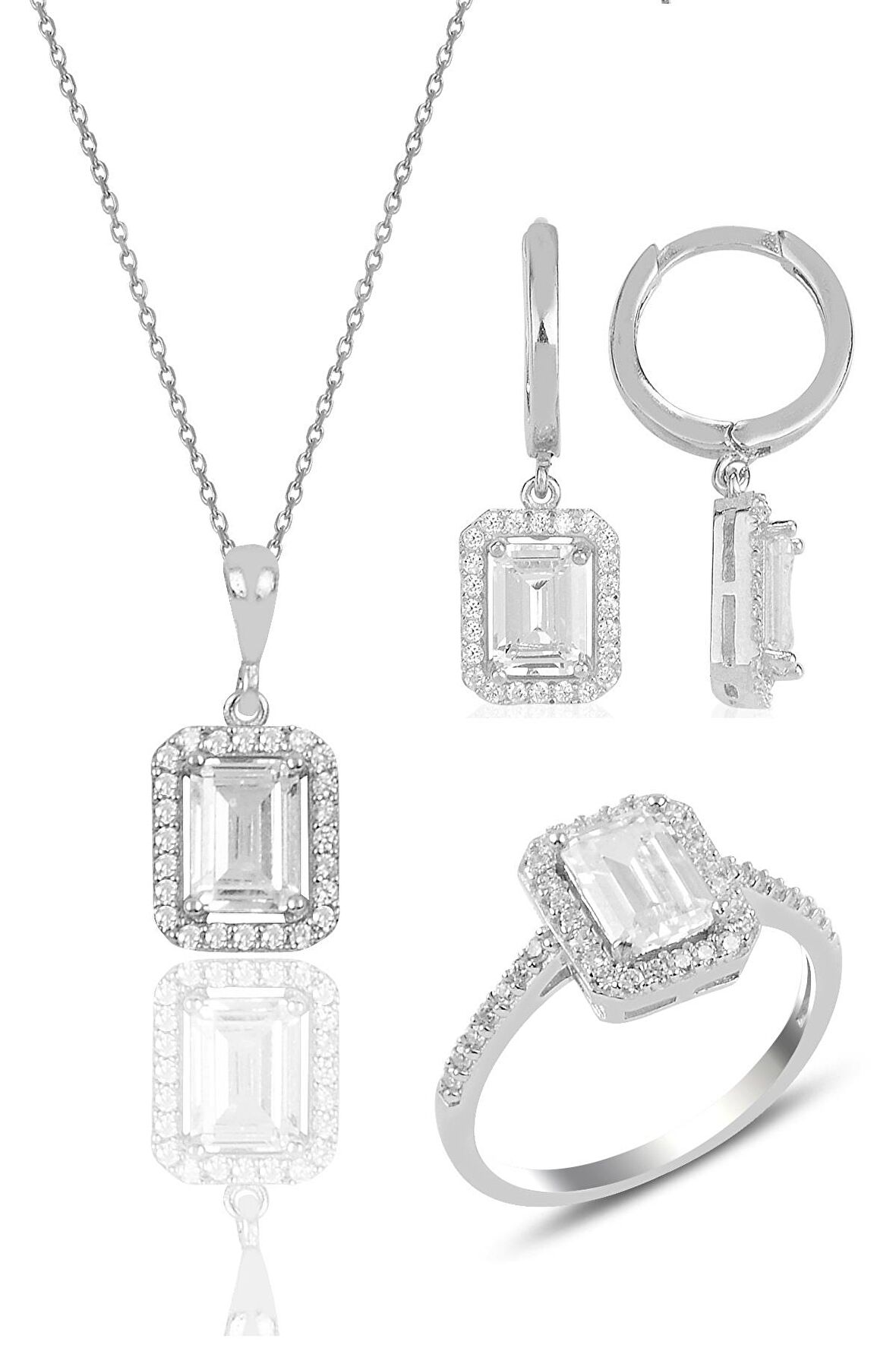 Gümüş rodyumlu baget taşlı üçlü set