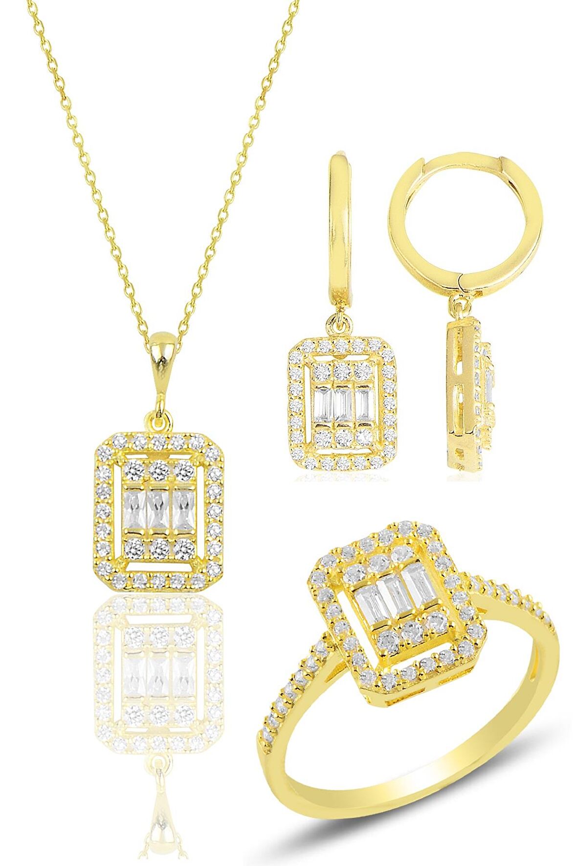 Gümüş altın yaldızlı baget taşlı çizgili üçlü set