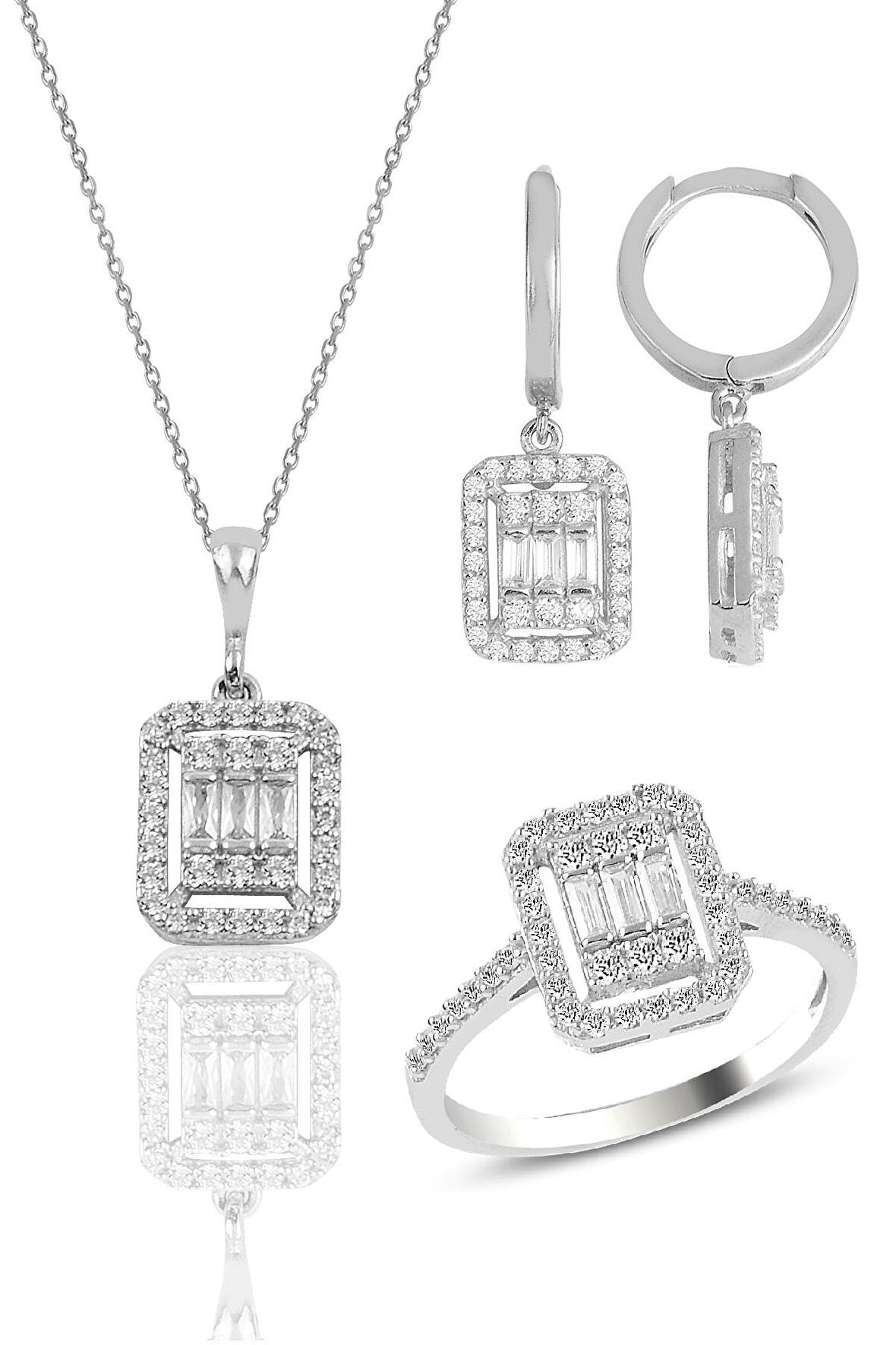 Gümüş beyaz altın rodyumlu baget taşlı çizgili üçlü set