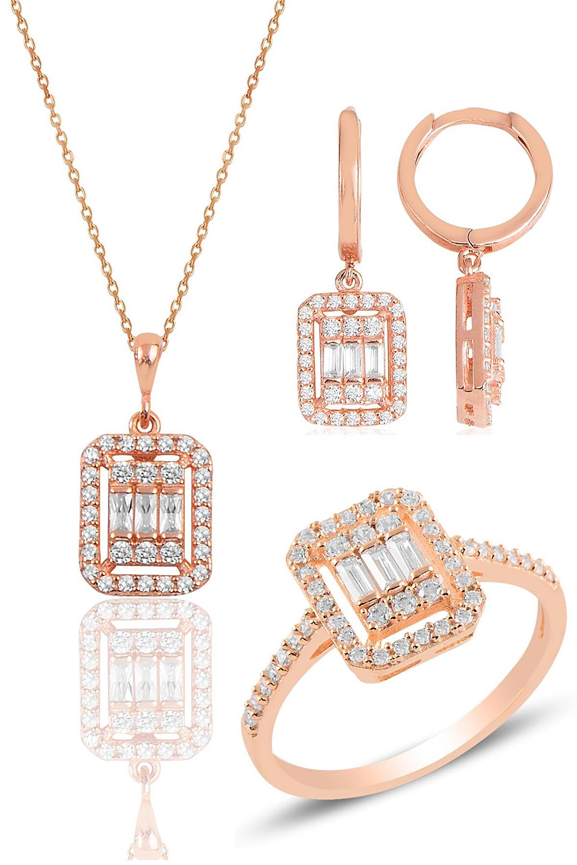 Gümüş rose baget taşlı çizgili üçlü set