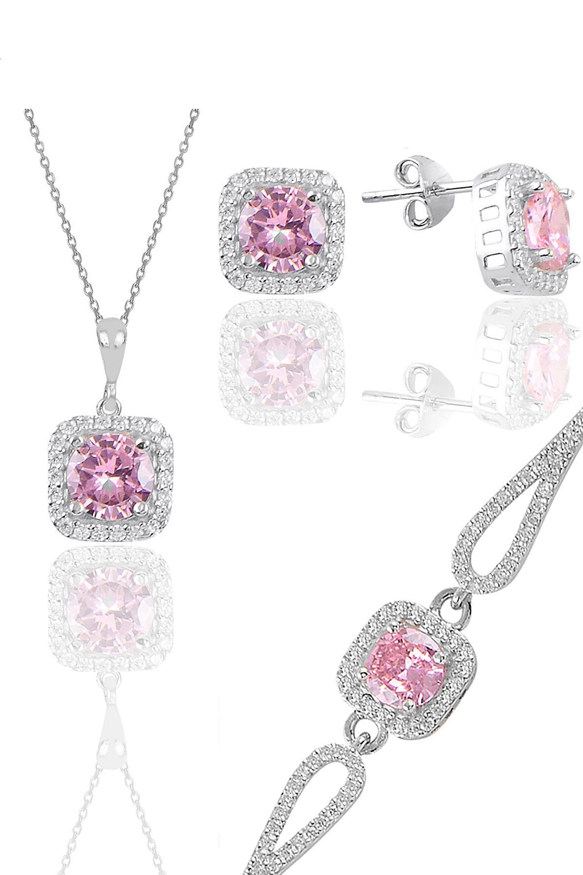 Gümüş rodyumlu pembe taşlı kare kolye küpe ve bileklikten oluşan üçlü set