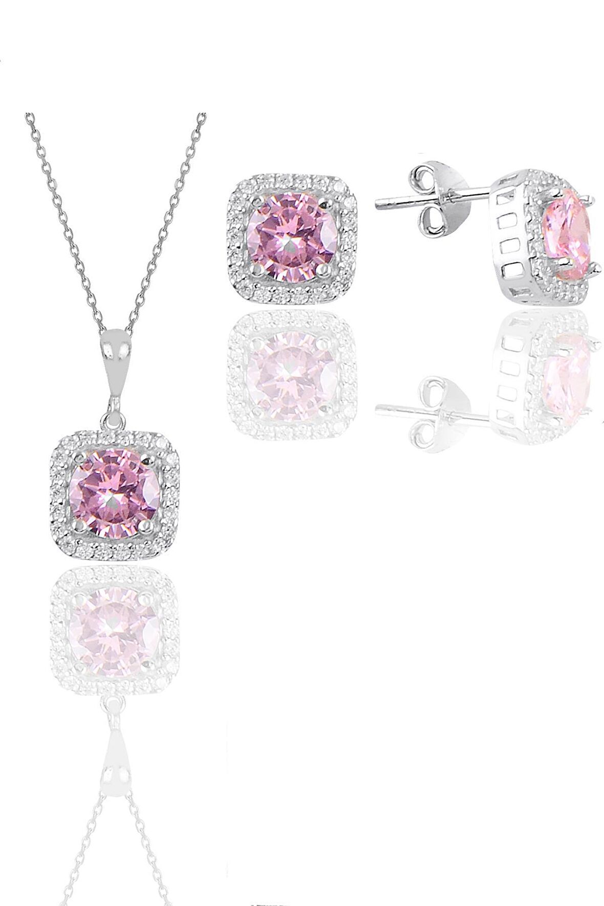 Gümüş beyaz altın rodyumlu pembe taşlı kare ikili set