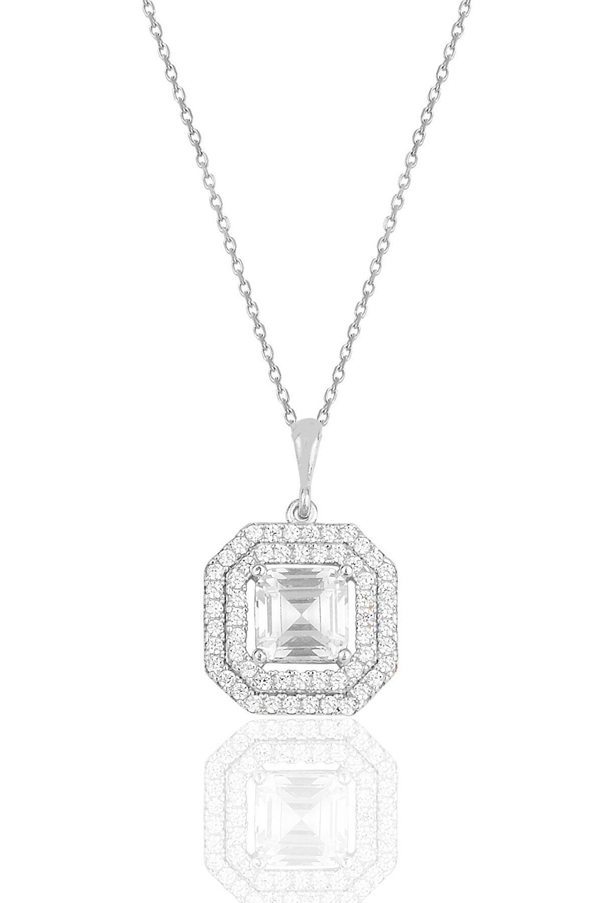 Gümüş rodyumlu özel tasarım baget kesim zirkon taşlı kolye