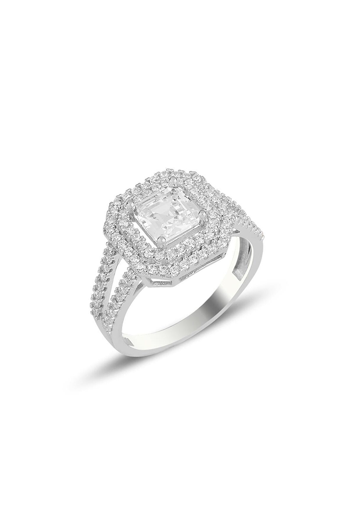 Gümüş rodyumlu özel tasarım baget kesim zirkon taşlı yüzük