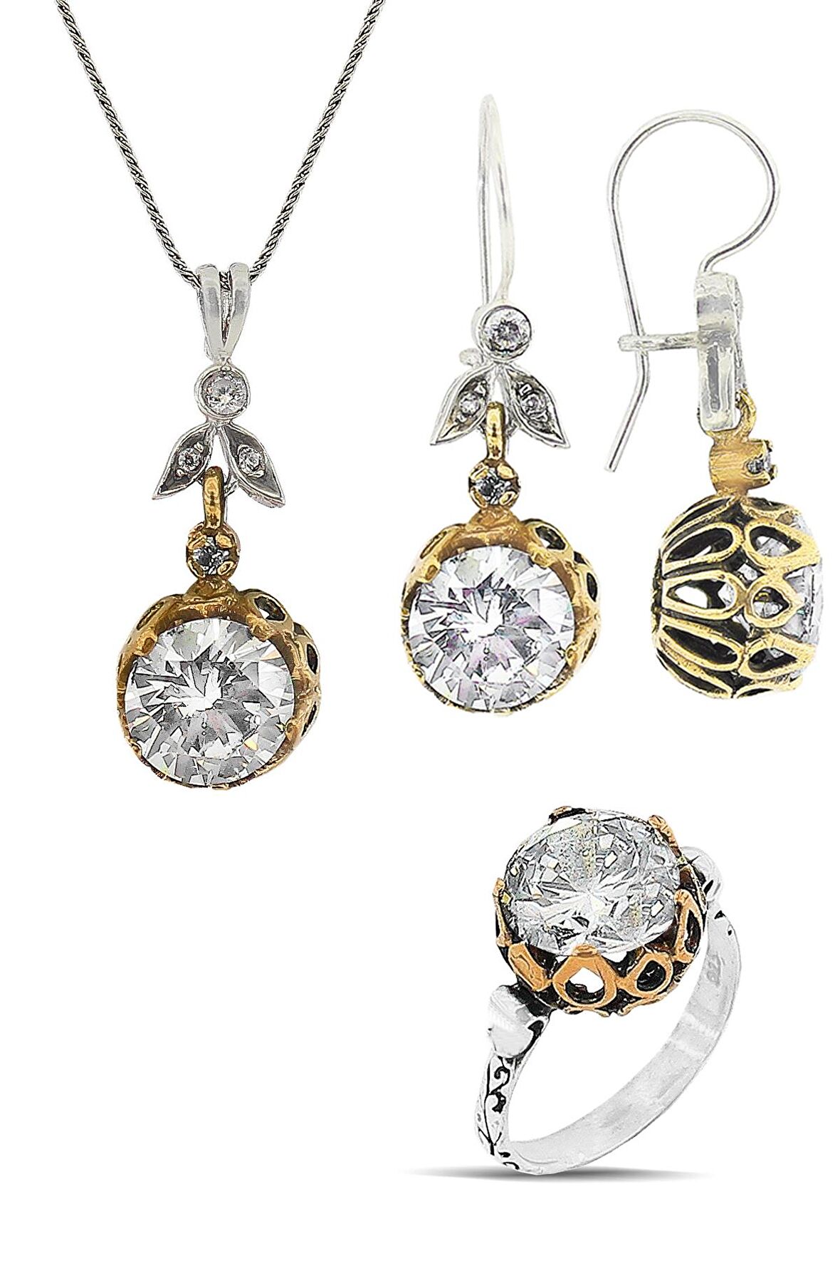 Gümüş zirkon tek taşlı otantik üçlü set