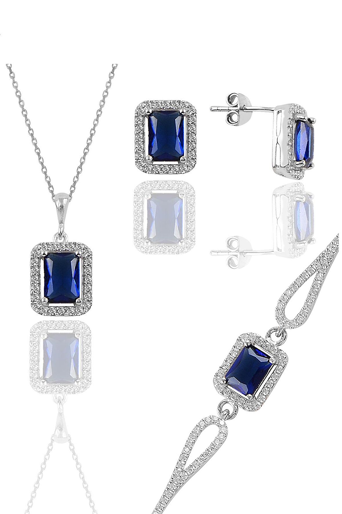 Gümüş rodyumlu safir taşlı baget kesim üçlü set