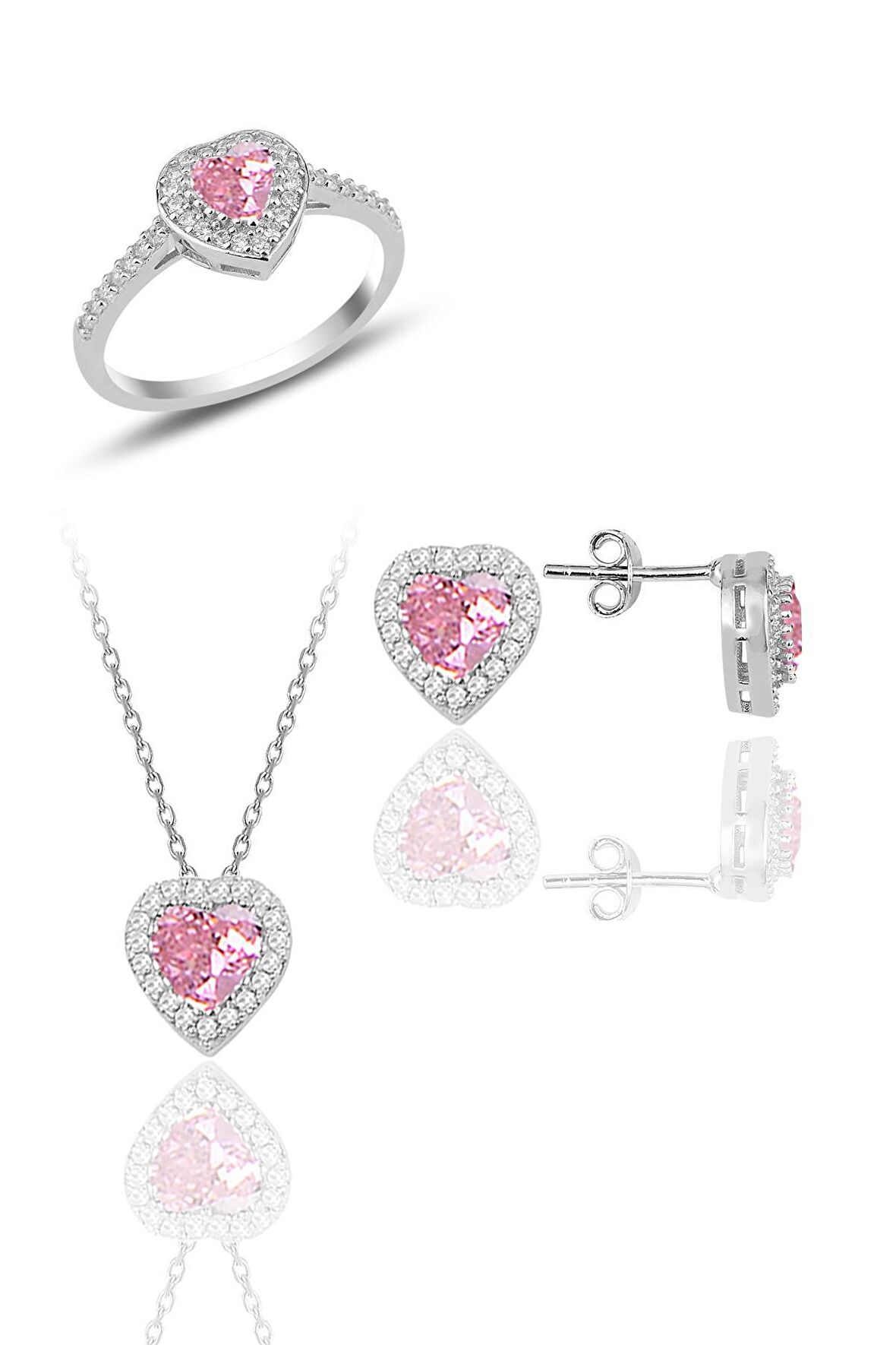 Gümüş rodyumlu pembe taşlı pırlanta montürlü kalp üçlü set