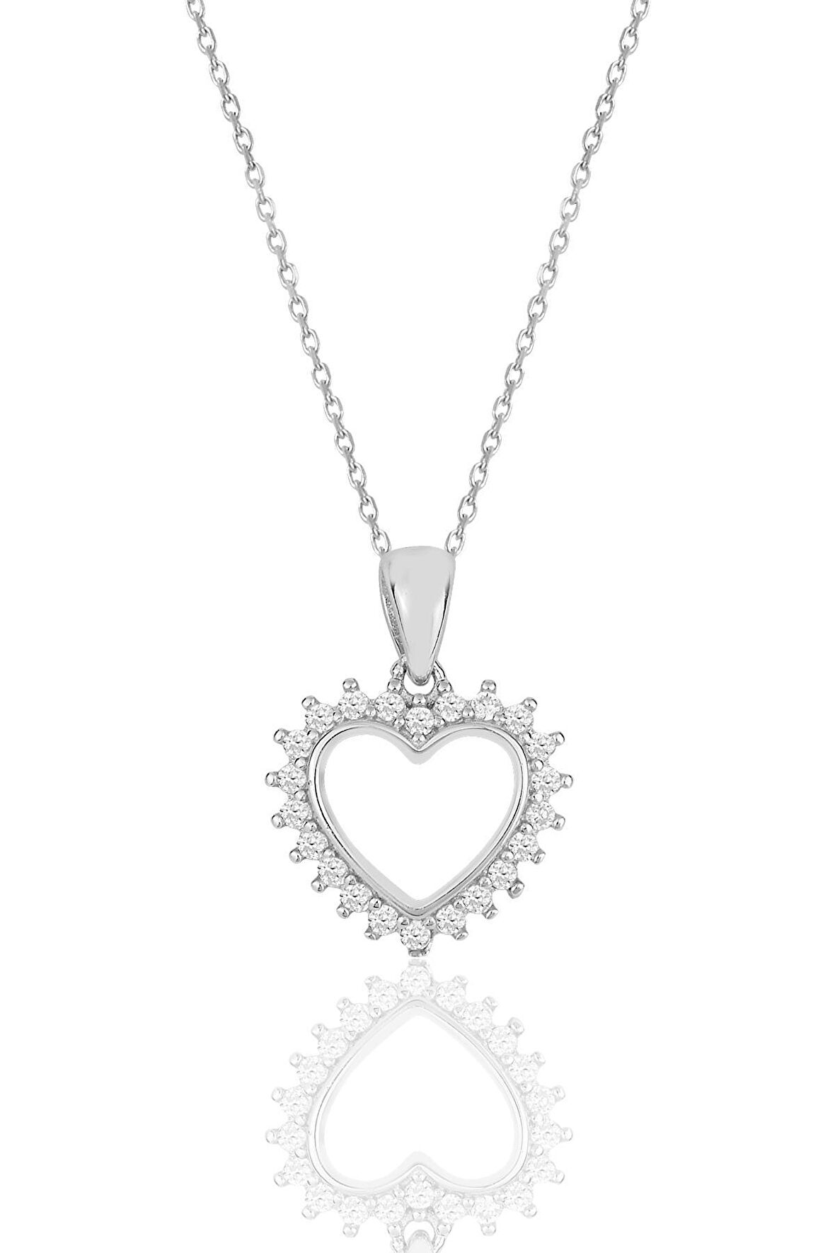 Gümüş rodyumlu zirkon taşlı kalp kolye.