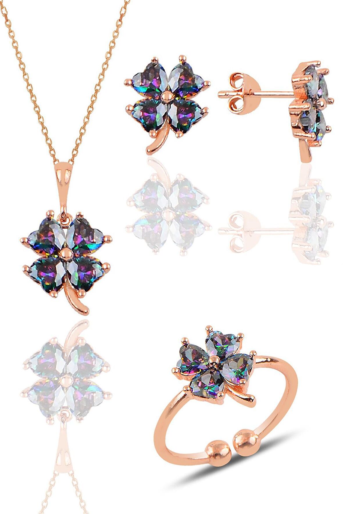 Gümüş rose mistik taşlı yonca kolye küpe ve yüzük üçlü set