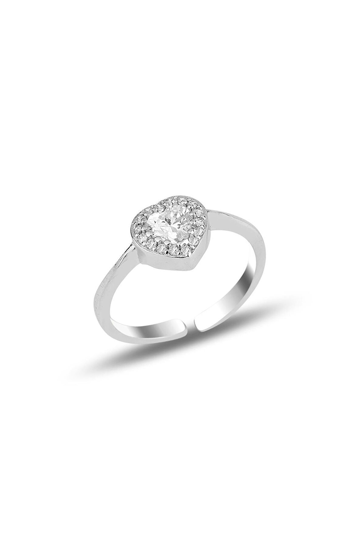 Gümüş rodyumlu zirkon taşlı ayarlamalı kalp yüzük