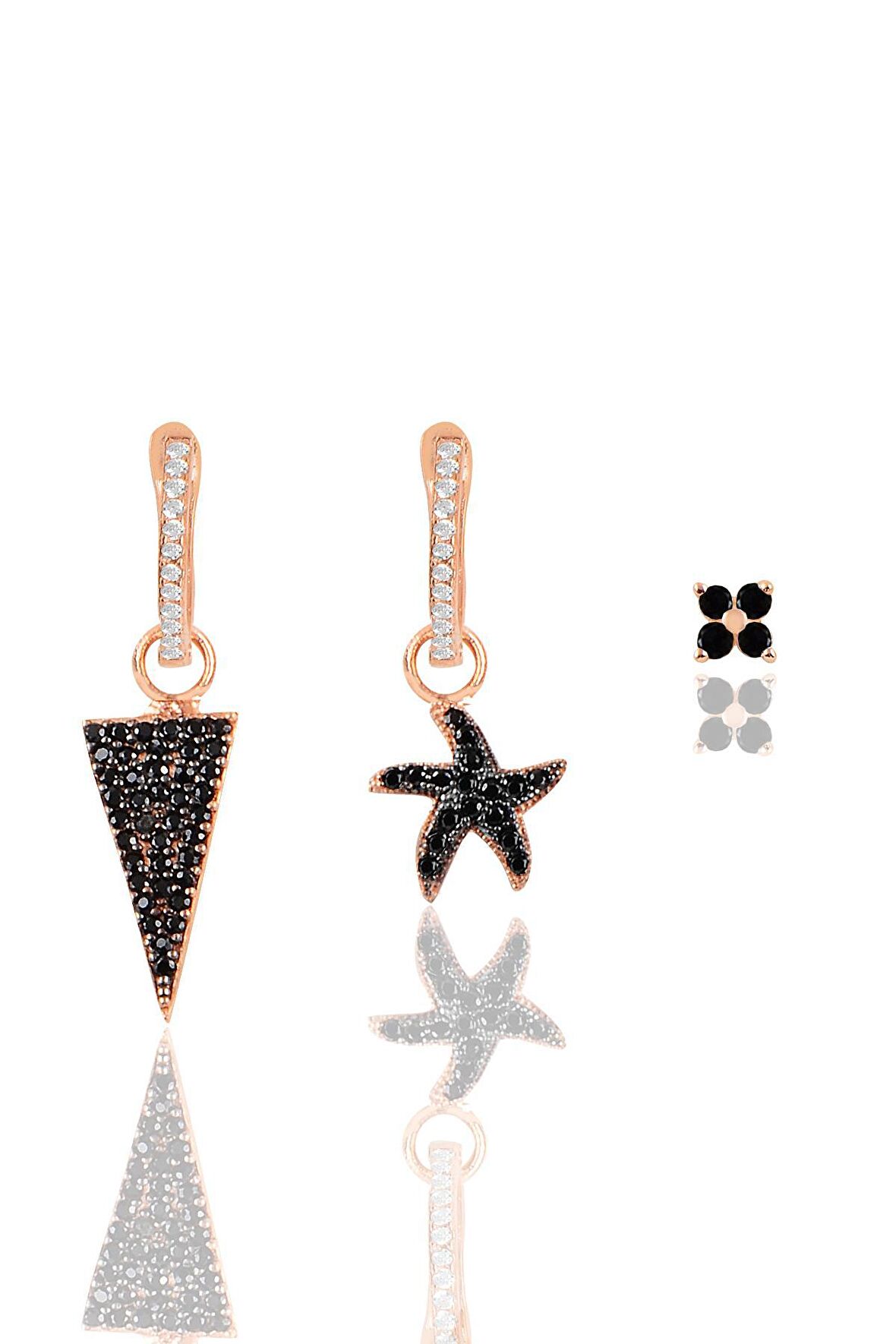 Gümüş rose onix taşlı piramit Kombin Üçlü Küpe Seti