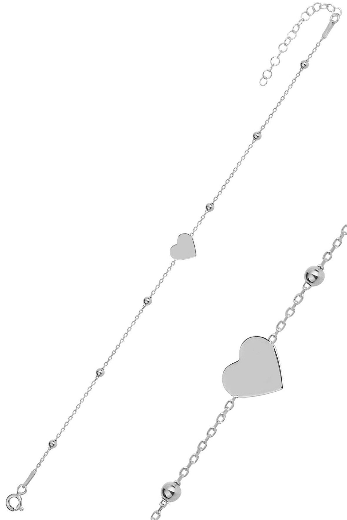 Gümüş rodyumlu top top zincirli kalp bileklik