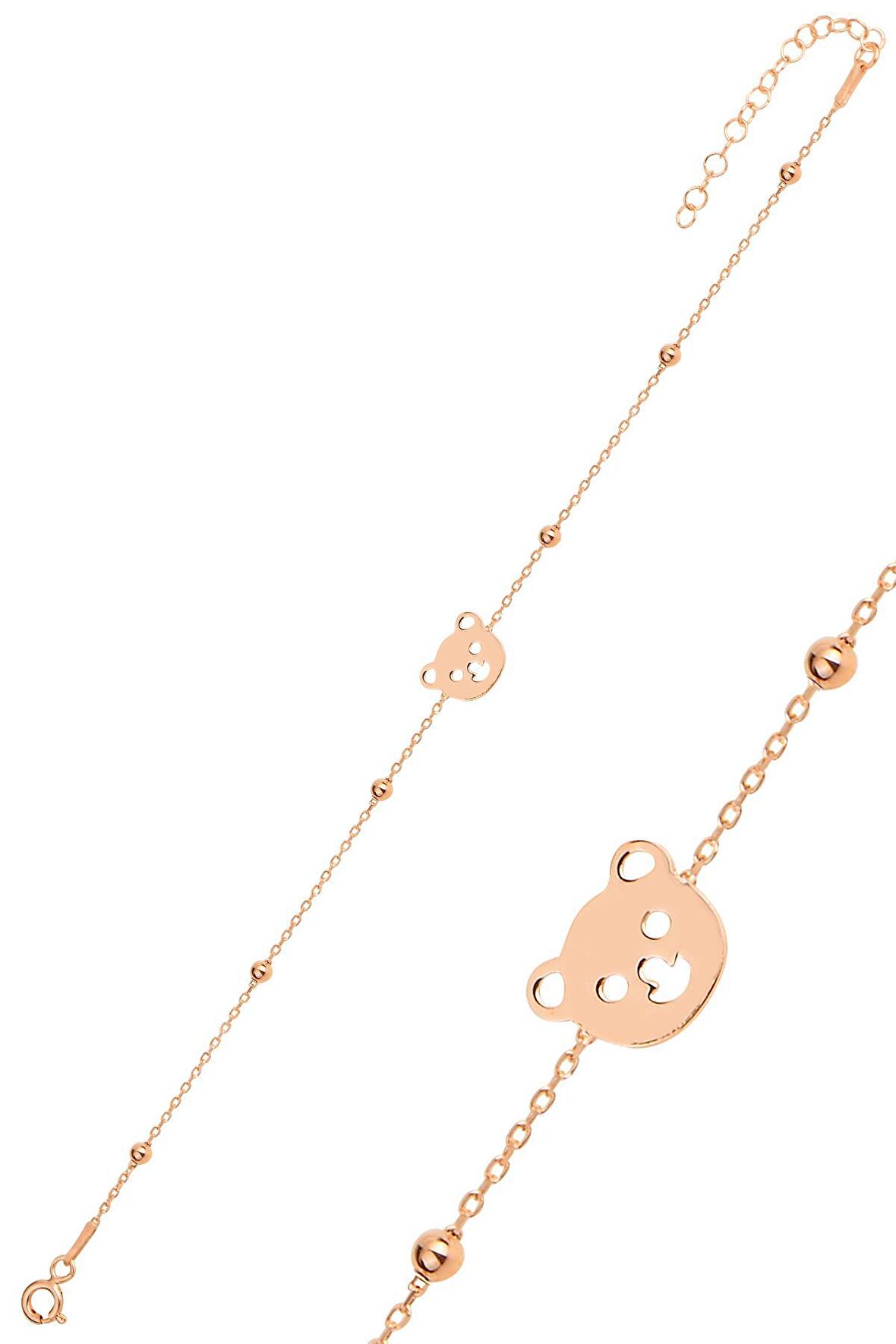 Gümüş rose top top zincirli ayıcıklı bileklik
