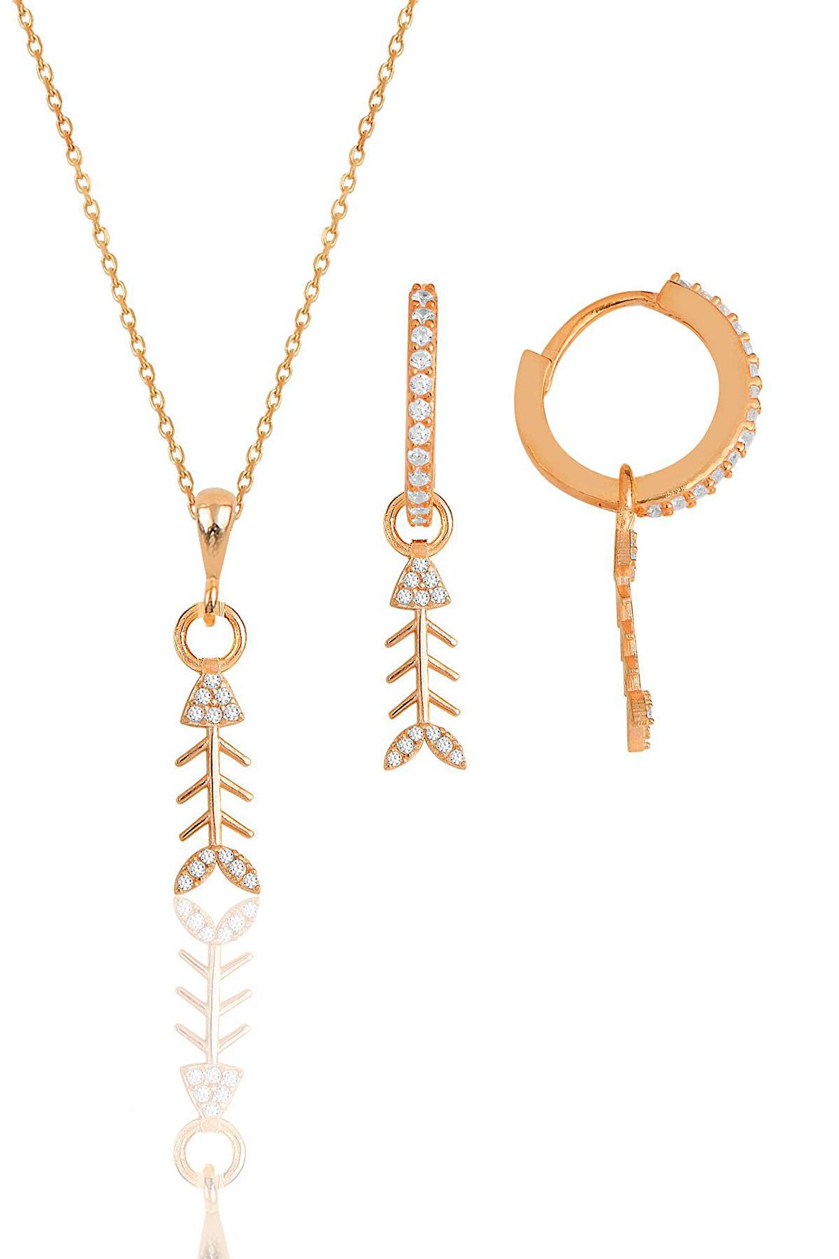 Gümüş rose zirkon taşlı balık kılçığı modeli kolye ve küpe ikili set