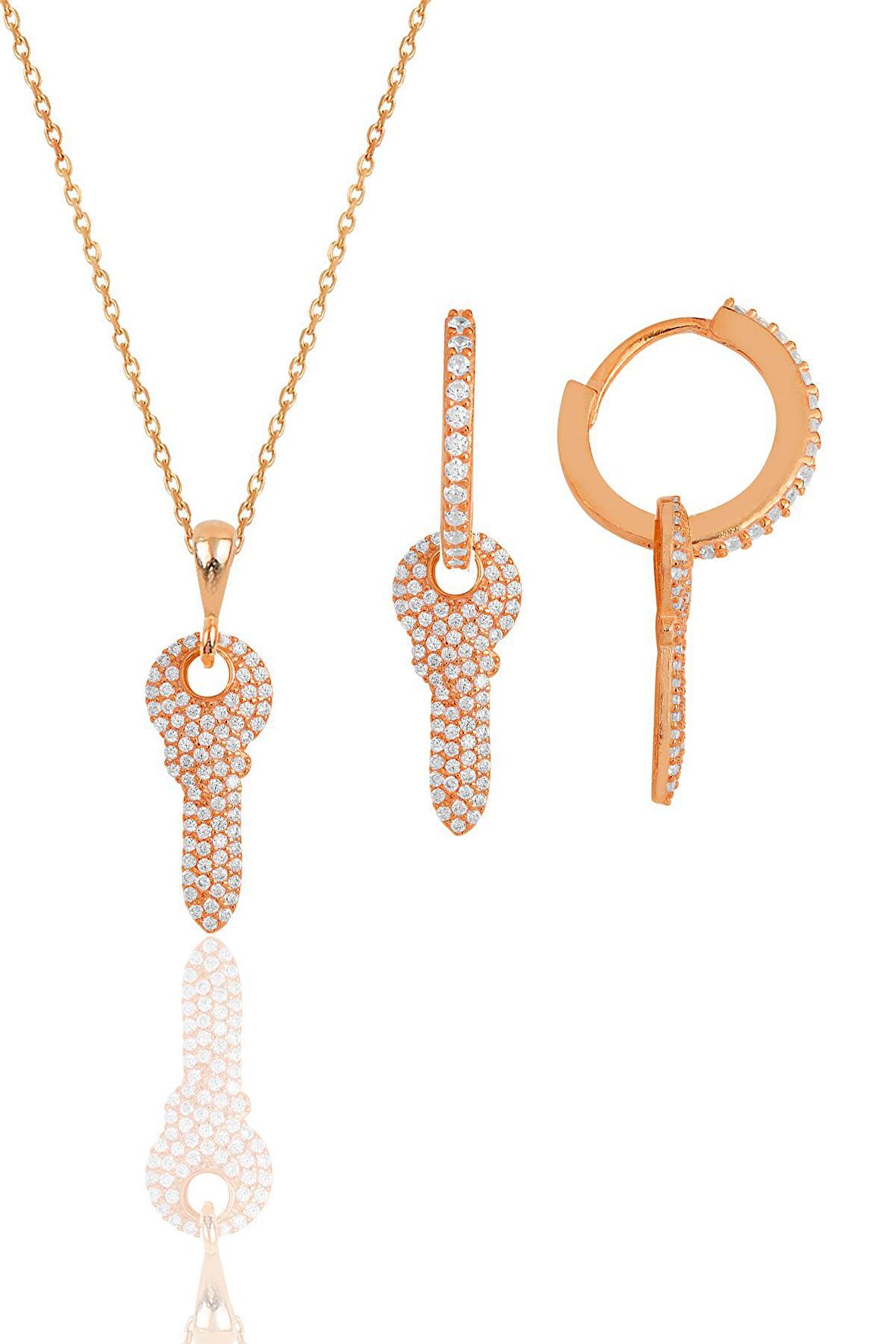 Gümüş rose zirkon taşlı anahtar kolye ve küpe ikili set