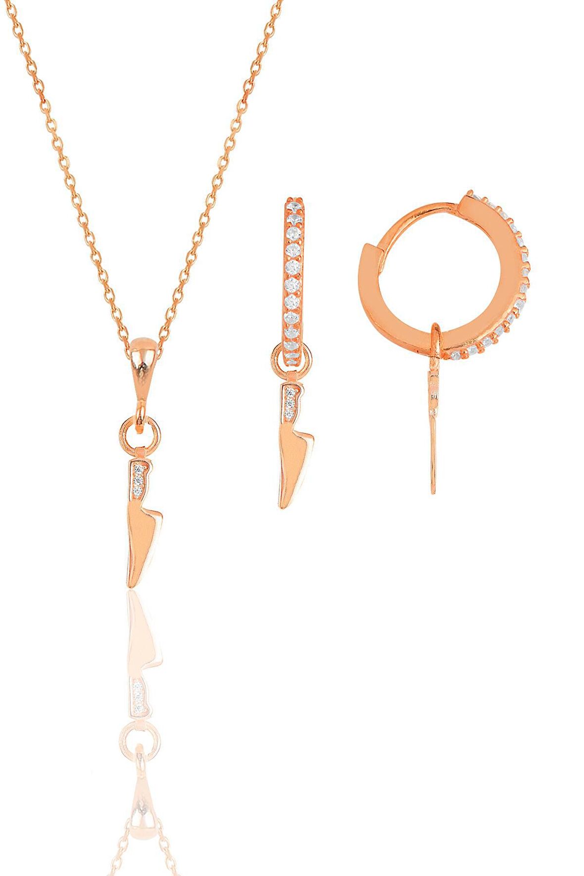Gümüş rose zirkon taşlı bıçak modeli kolye ve küpe ikili set