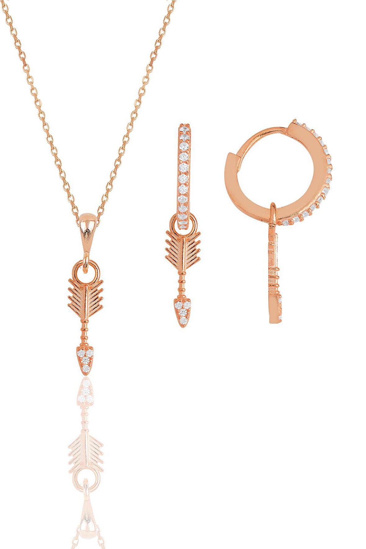 Gümüş rose zirkon taşlı ok kolye ve küpe ikili set